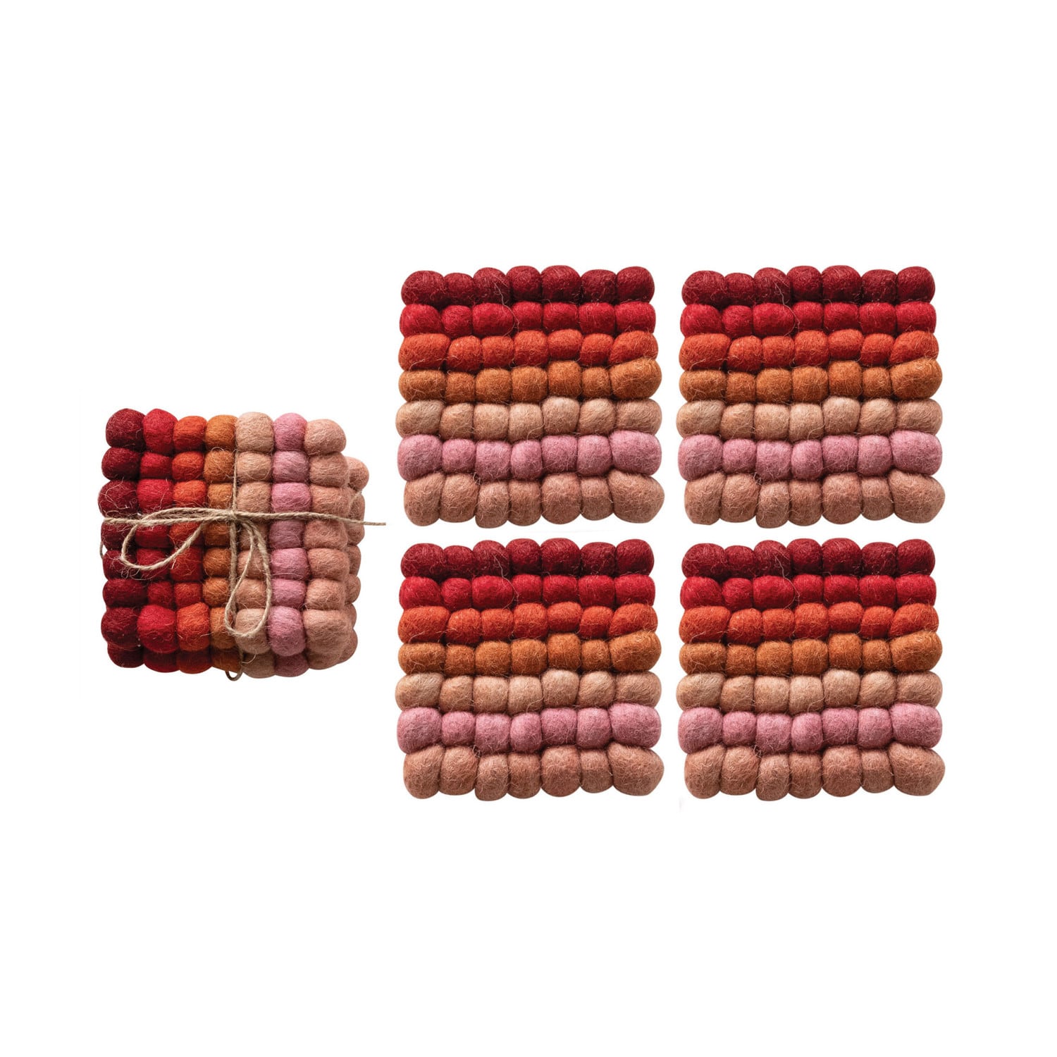 Hello Honey® 4" Red, Pink & Blush Handmade Wool Felt Ball Coaster Set