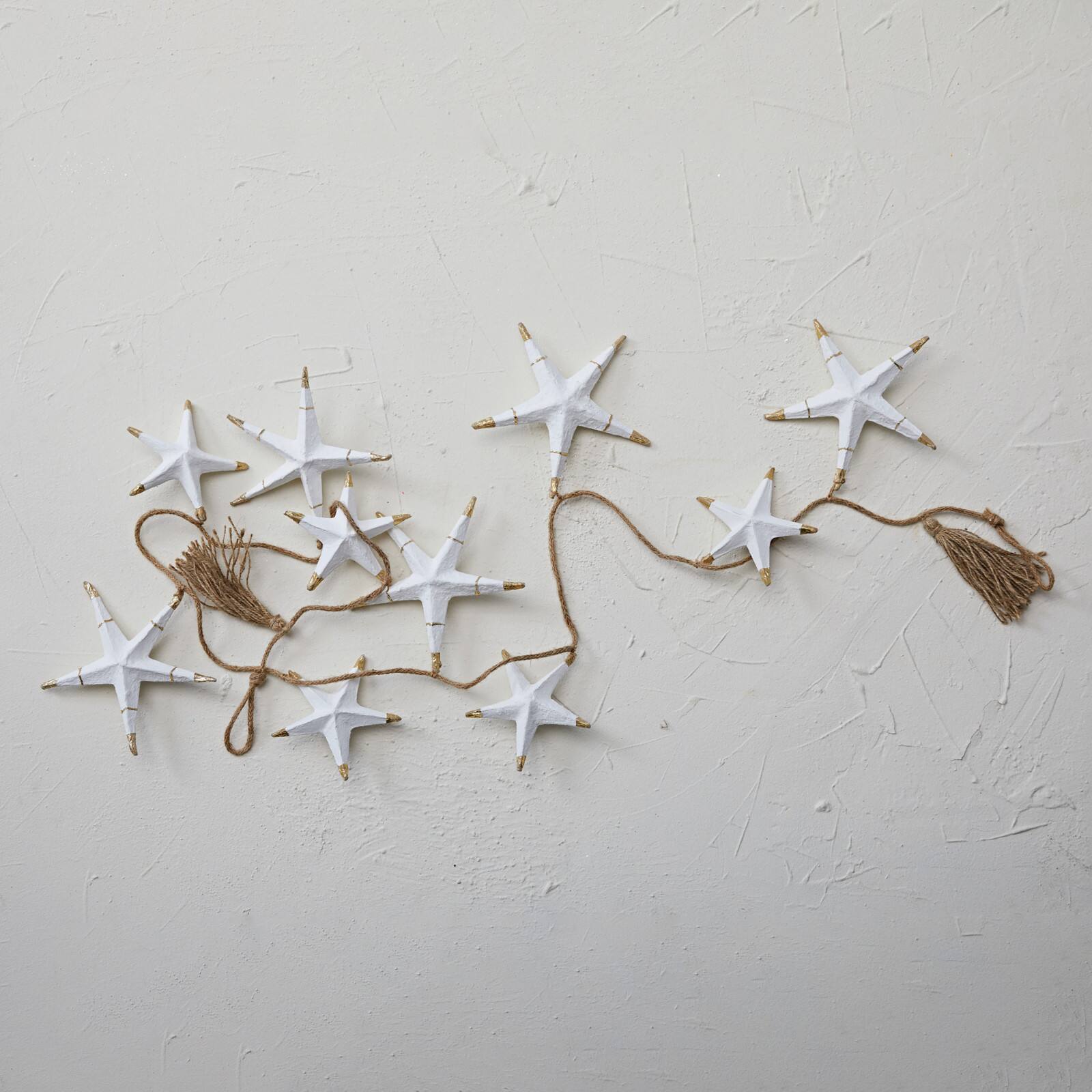 Hello Honey® 6ft. White Hand-Painted Recycled Paper Mache Stars with Gold Foil & Tassels Garland