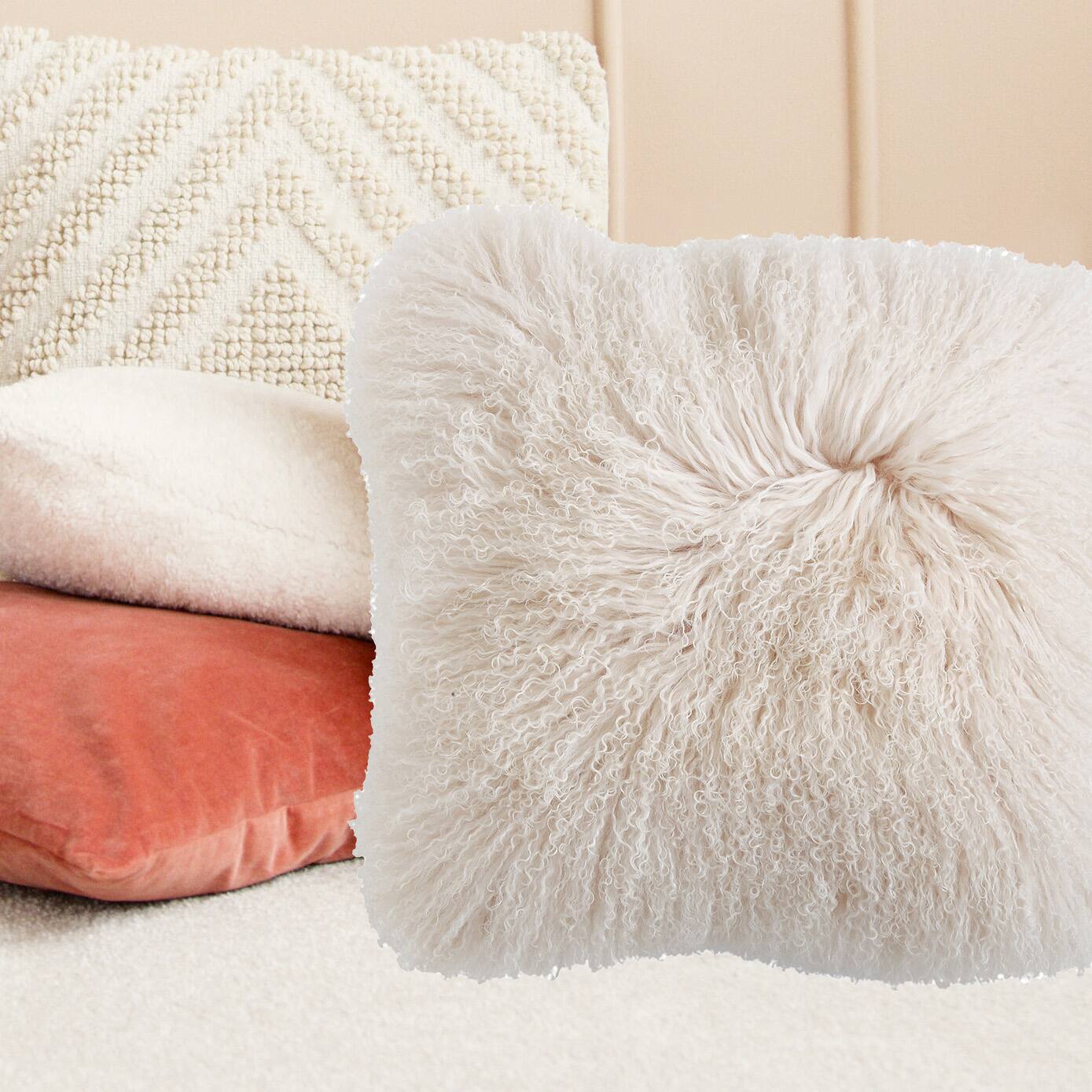 Hello Honey&#xAE; Cream Mongolian Lamb Fur Throw Pillow