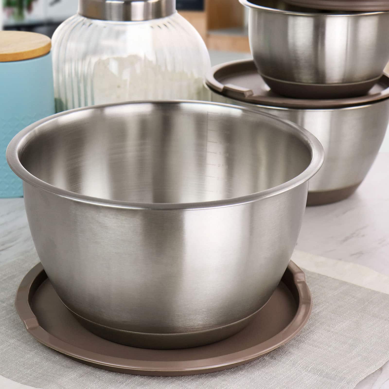 Martha Stewart Stainless Steel Mixing Bowl Set with Taupe Lids