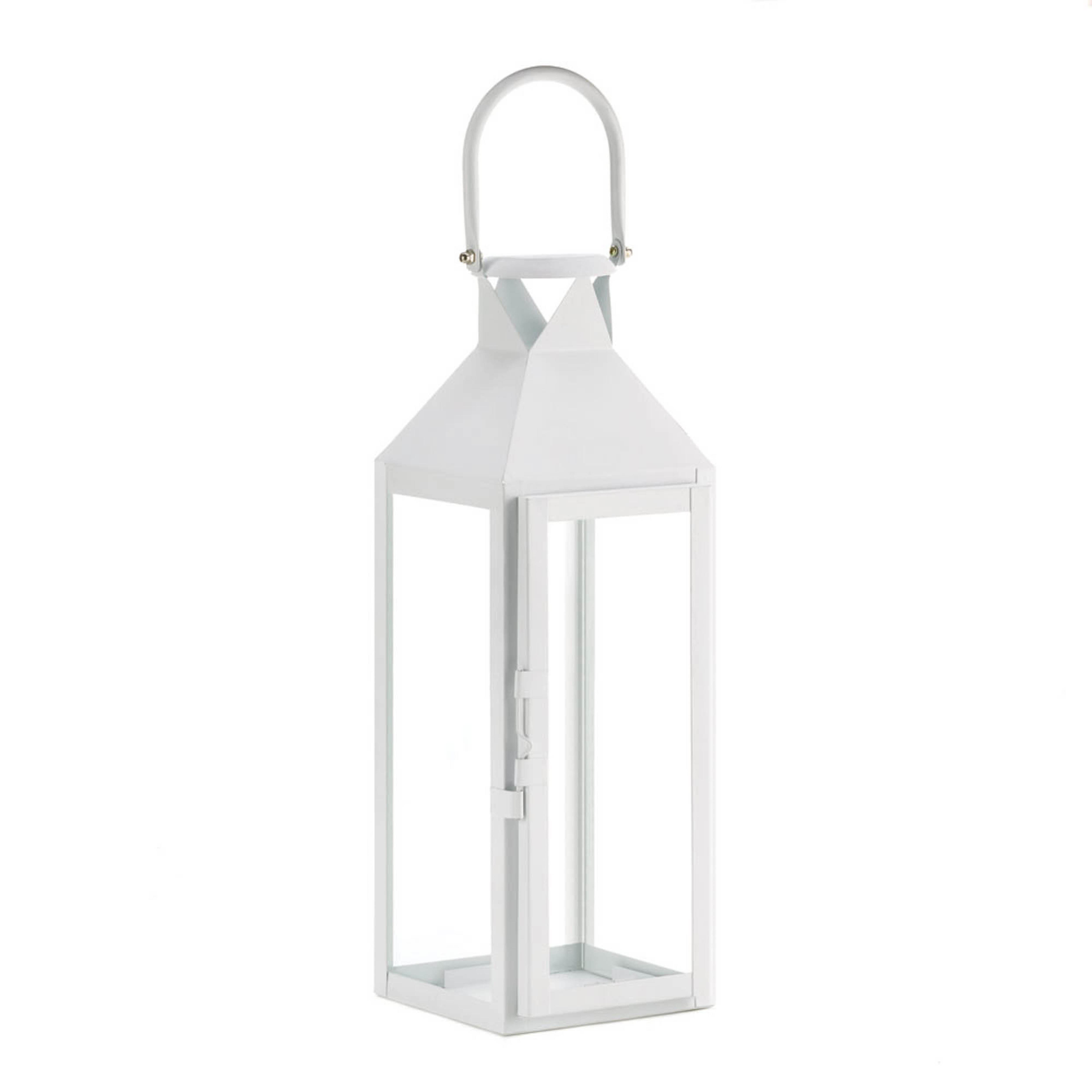 15" Sleek White Metal Manhattan Candle Lantern with Handle