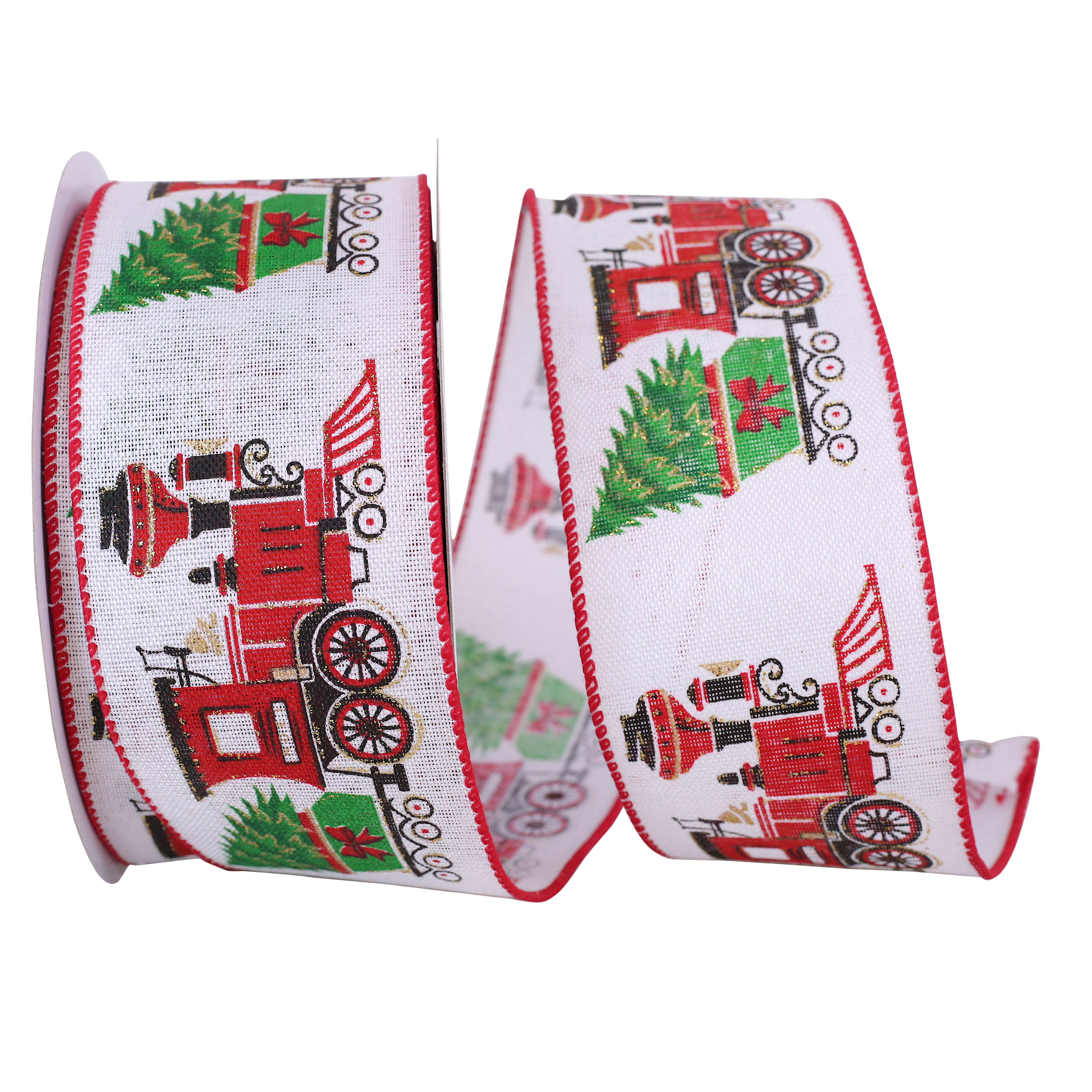 JAM Paper 2.5&#x22; x 20yd. Train with Christmas Tree Linen Ribbon
