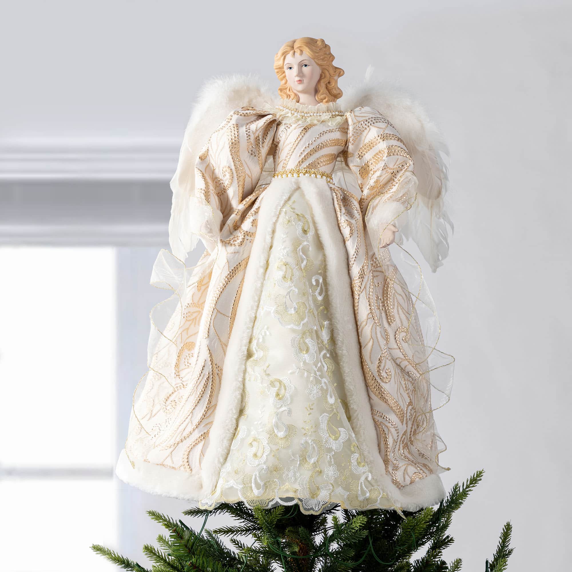 Glitzhome&#xAE; 24&#x22;H Faux Fur &#x26; PVC Christmas Elegant Angel Tree Topper with Porcelain Face
