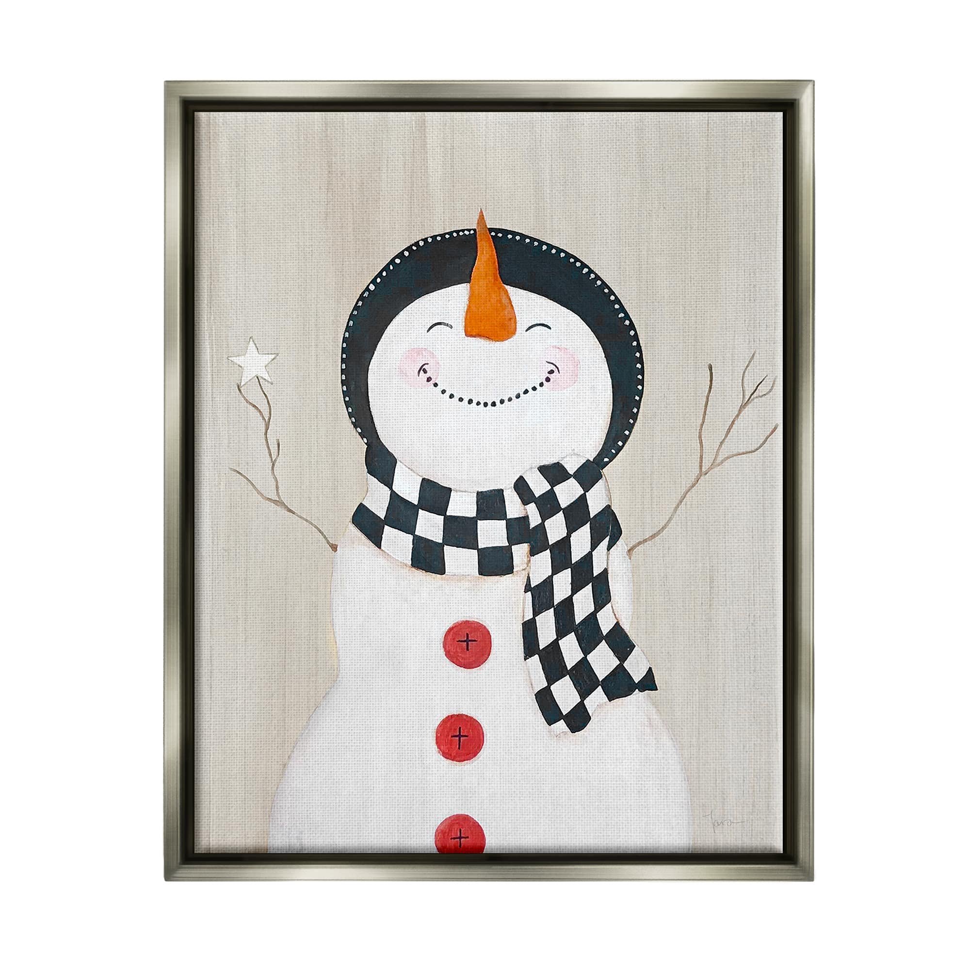 Stupell Industries Happy Smile Winter Snowman Framed Floater Canvas Wall Art