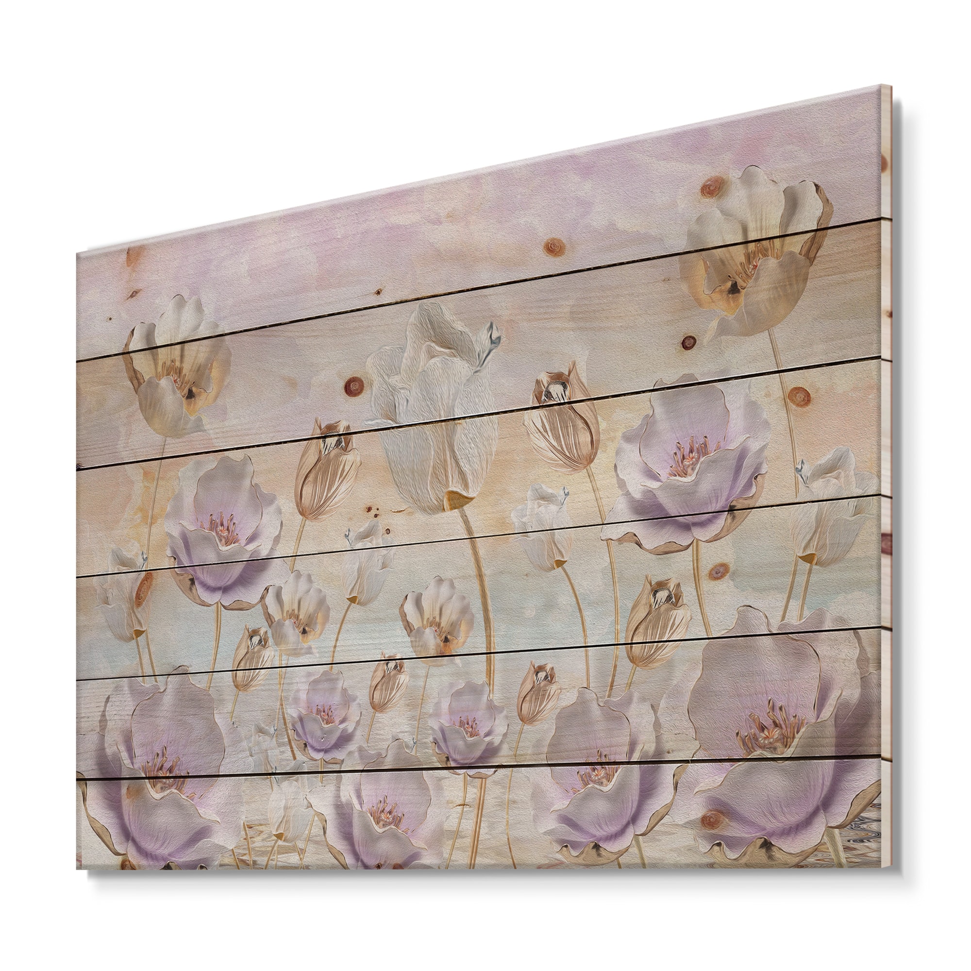 Designart - Blossoming Flowers In Pastel Tones - Traditional Print on Natural Pine Wood