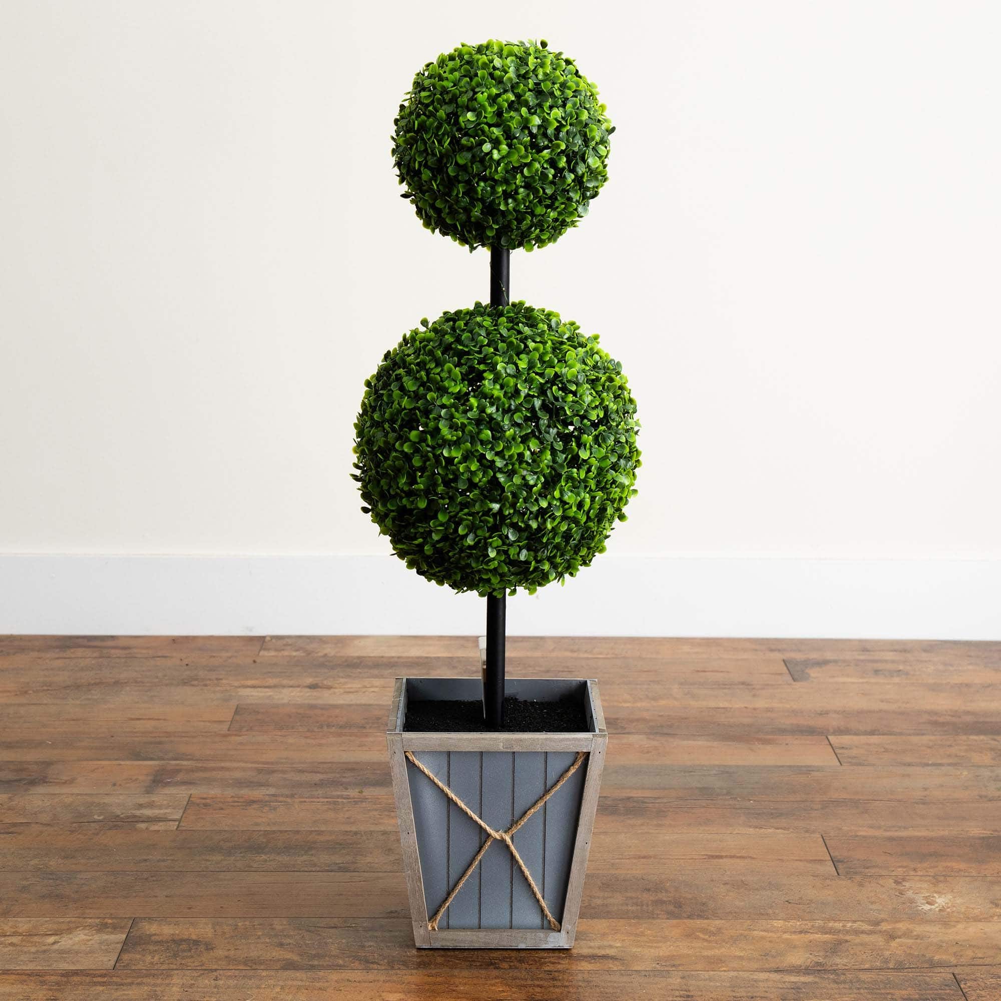 3ft. LED UV Resistant Double Ball Boxwood Topiary in Decorative Planter