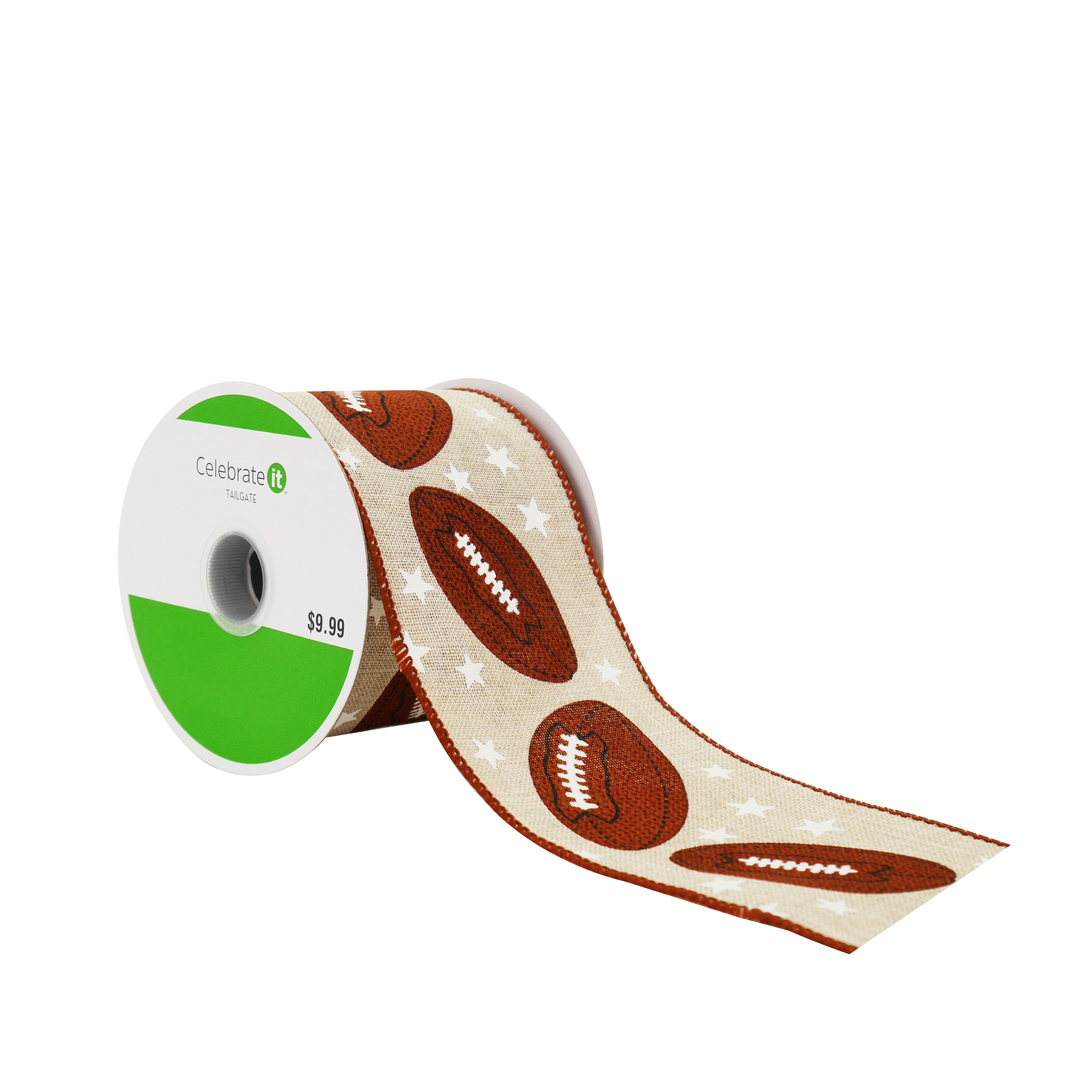 2.5&#x22; x 6.6yd. Natural Football Wired Faux Linen Ribbon by Celebrate It&#x2122; Tailgate