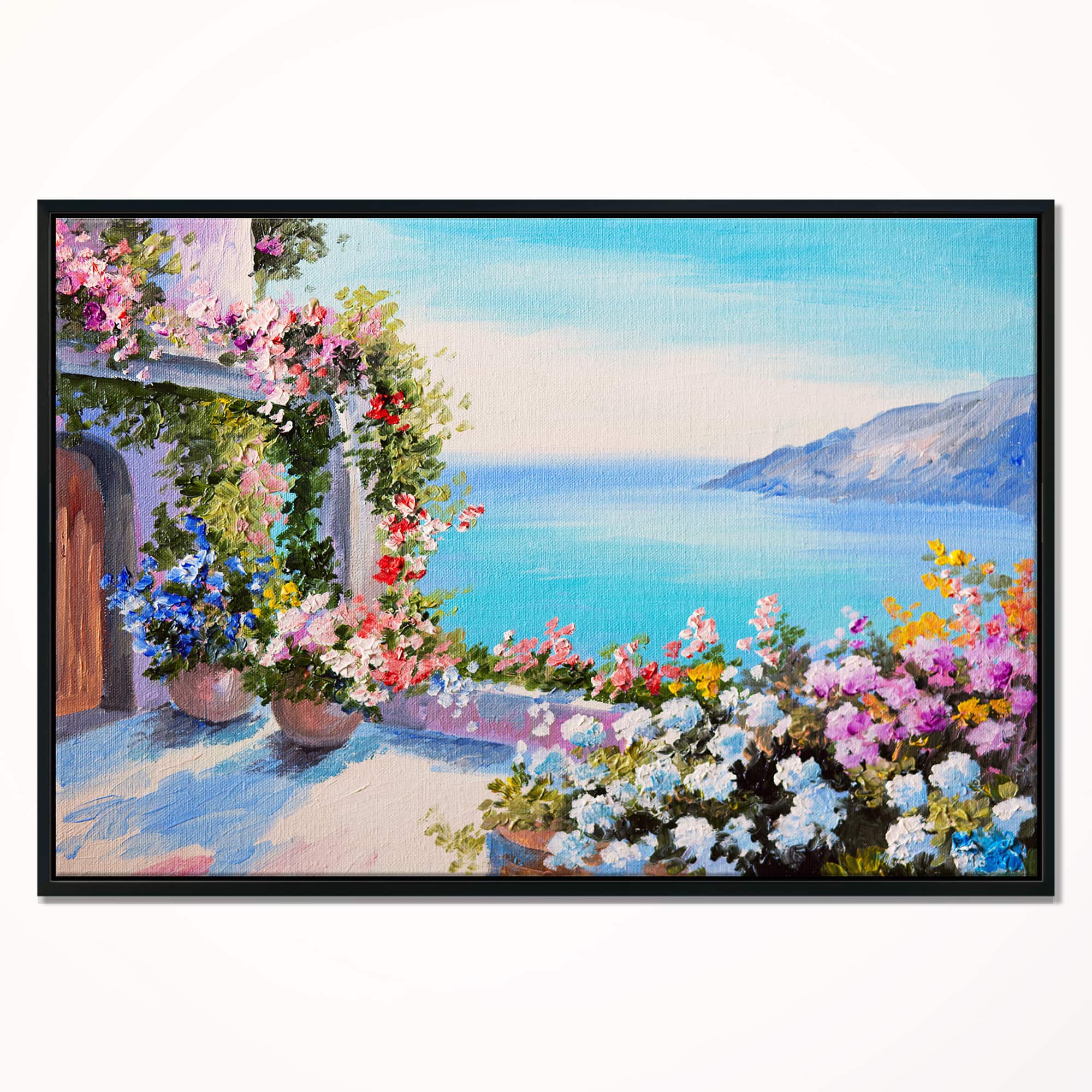 Designart - Sea and Flowers - Landscape Art Print Canvas in Black Frame