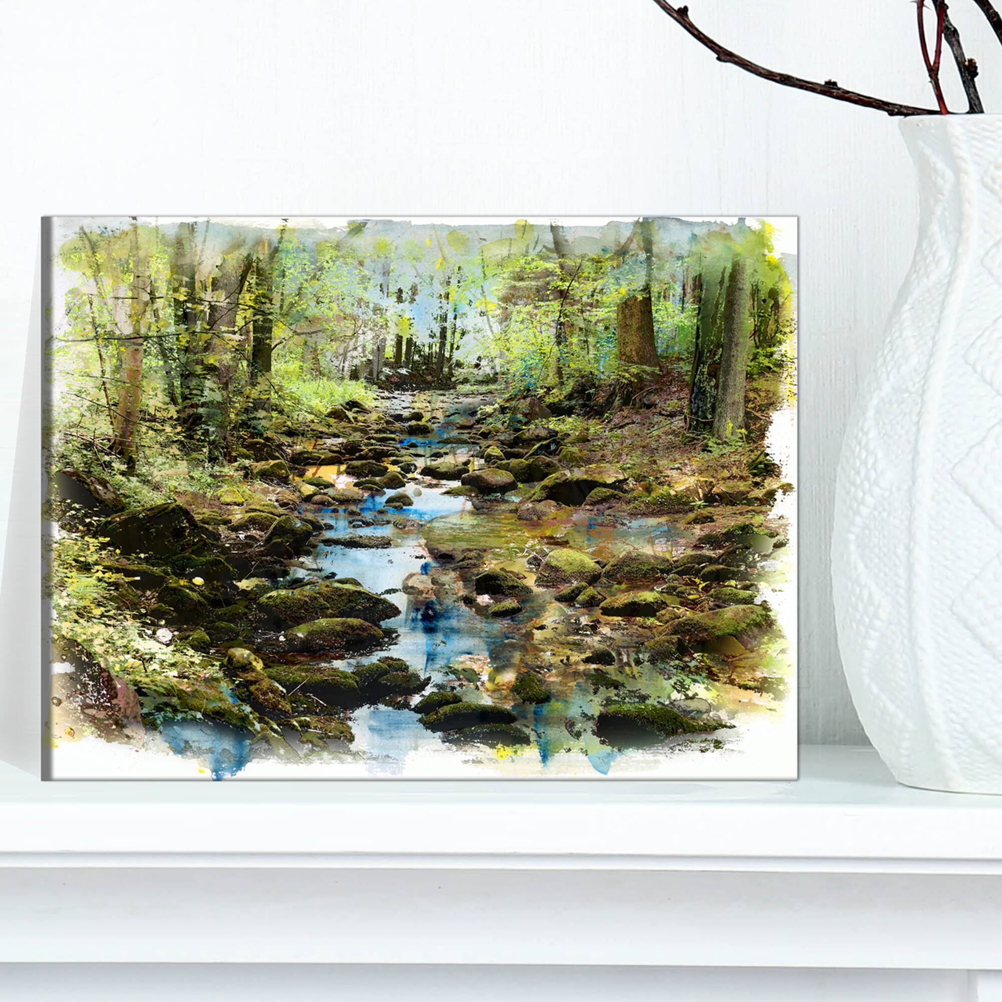 Designart - Stream in the Forest - Landscape Painting Canvas Print