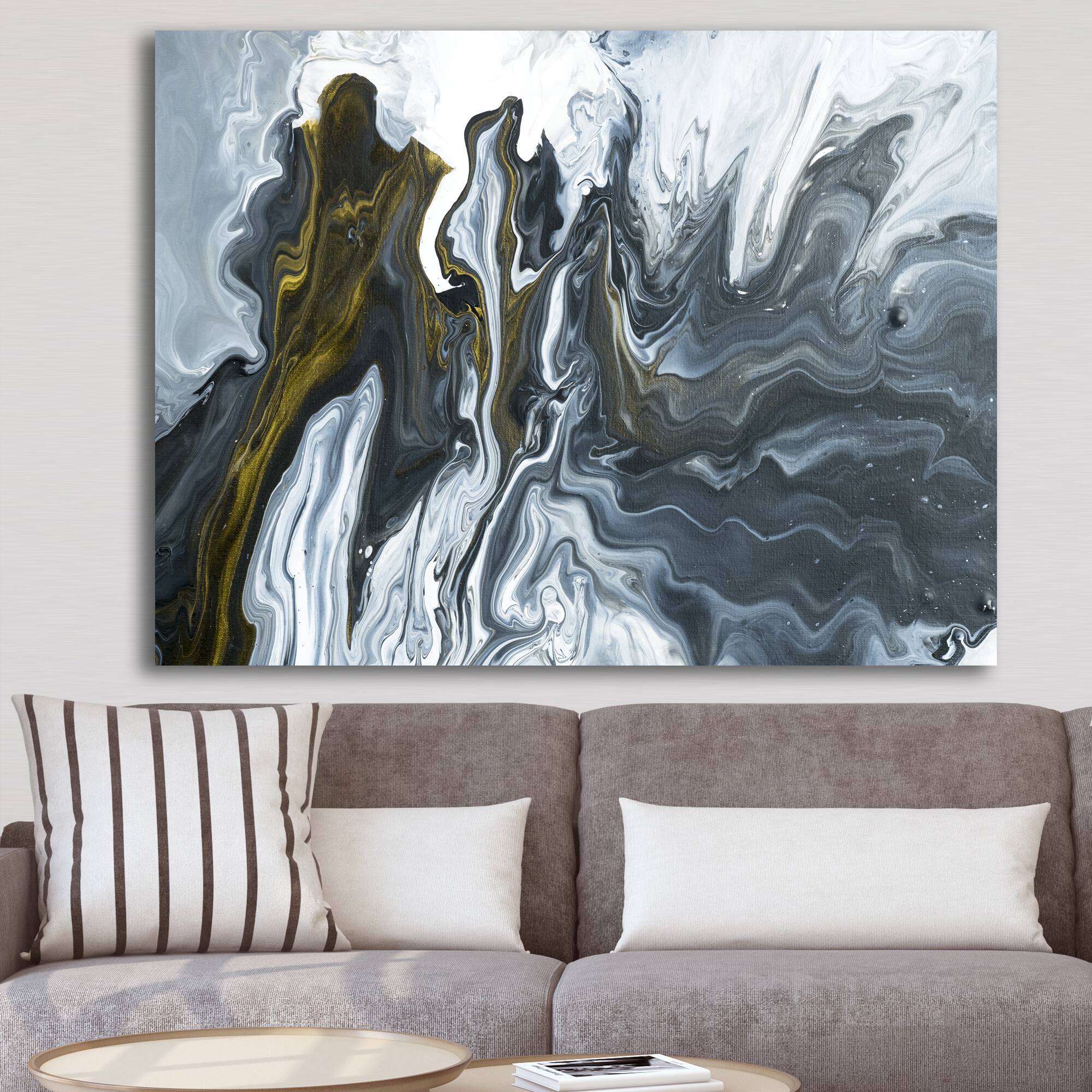 Designart - Grey, Yellow and White Hand Painted Marble Acrylic - Mid-Century Modern Canvas Artwork