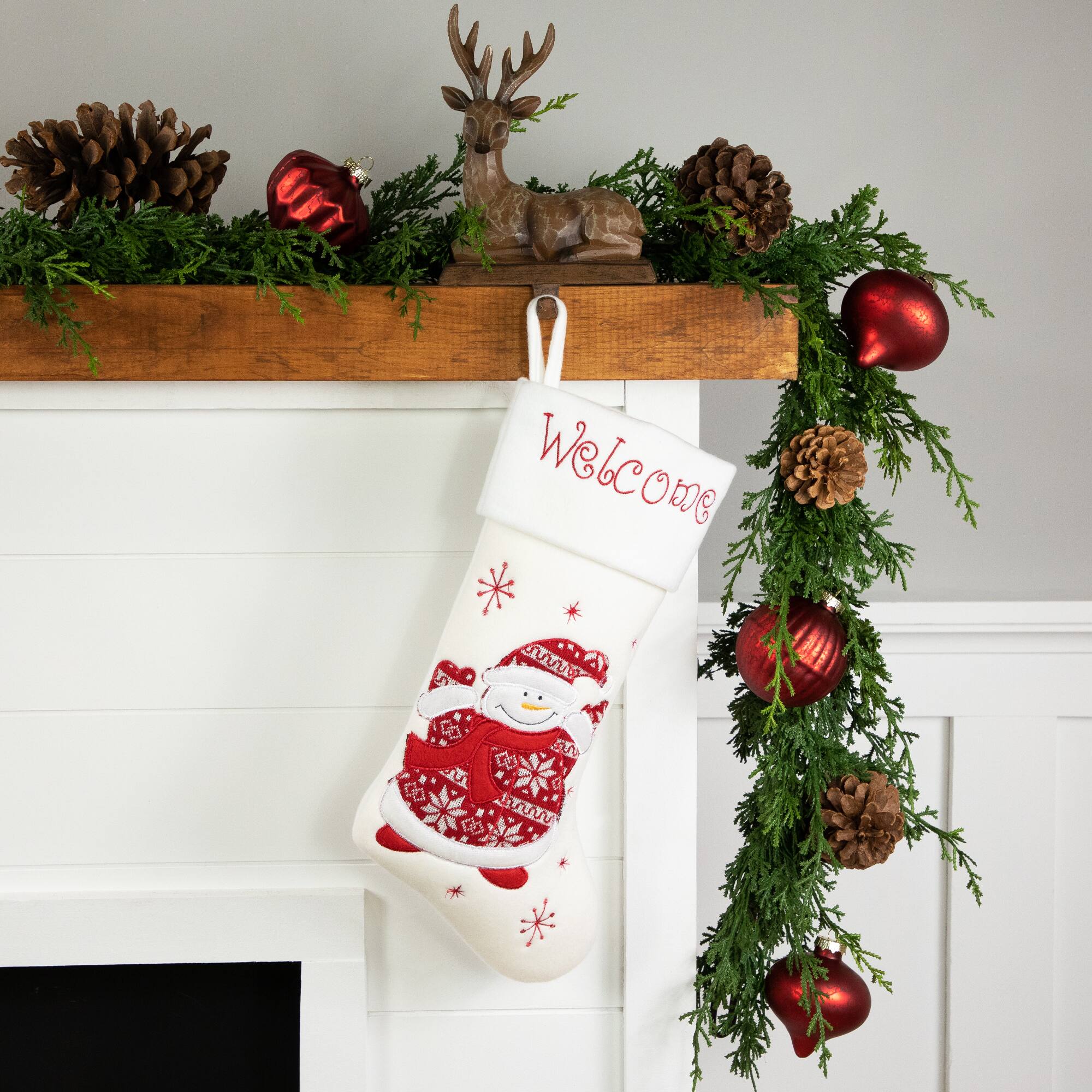 16" Red & White Welcome Snowman Embroidered Christmas Stocking