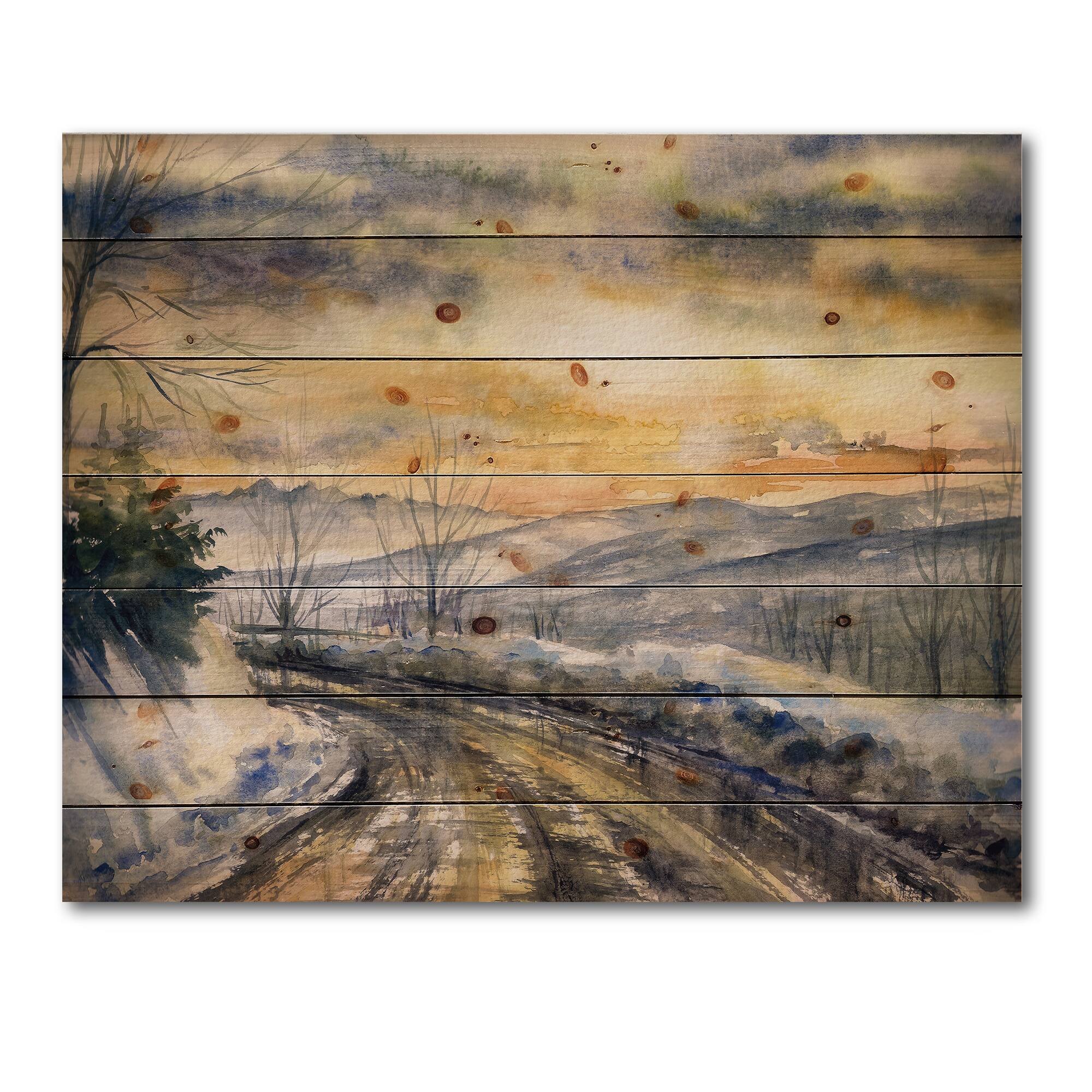 Designart - Winter Landscape With Road Under Bright Sunset - Traditional Print on Natural Pine Wood