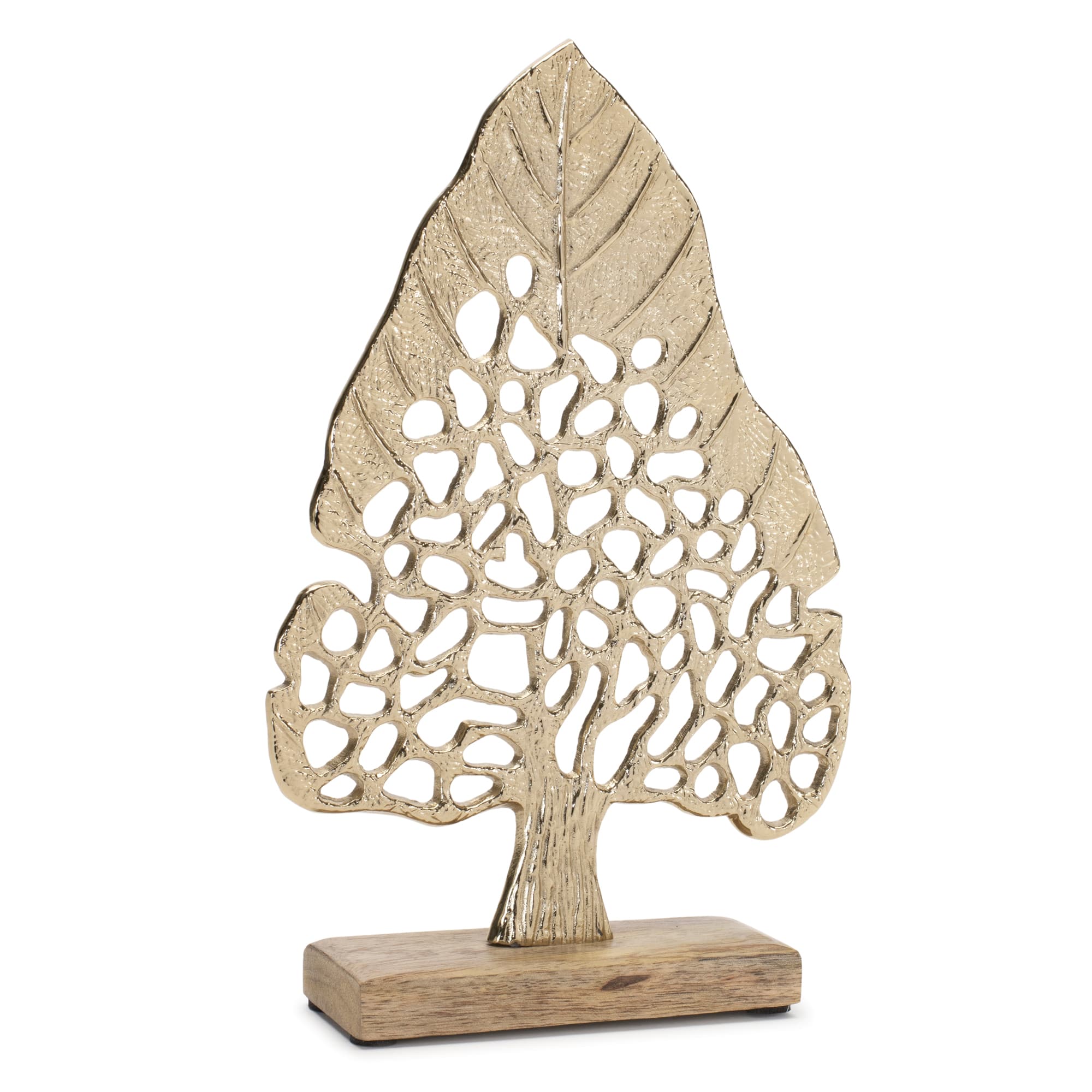 Gold Modern Metal Leaf Tree on Wood Base Set