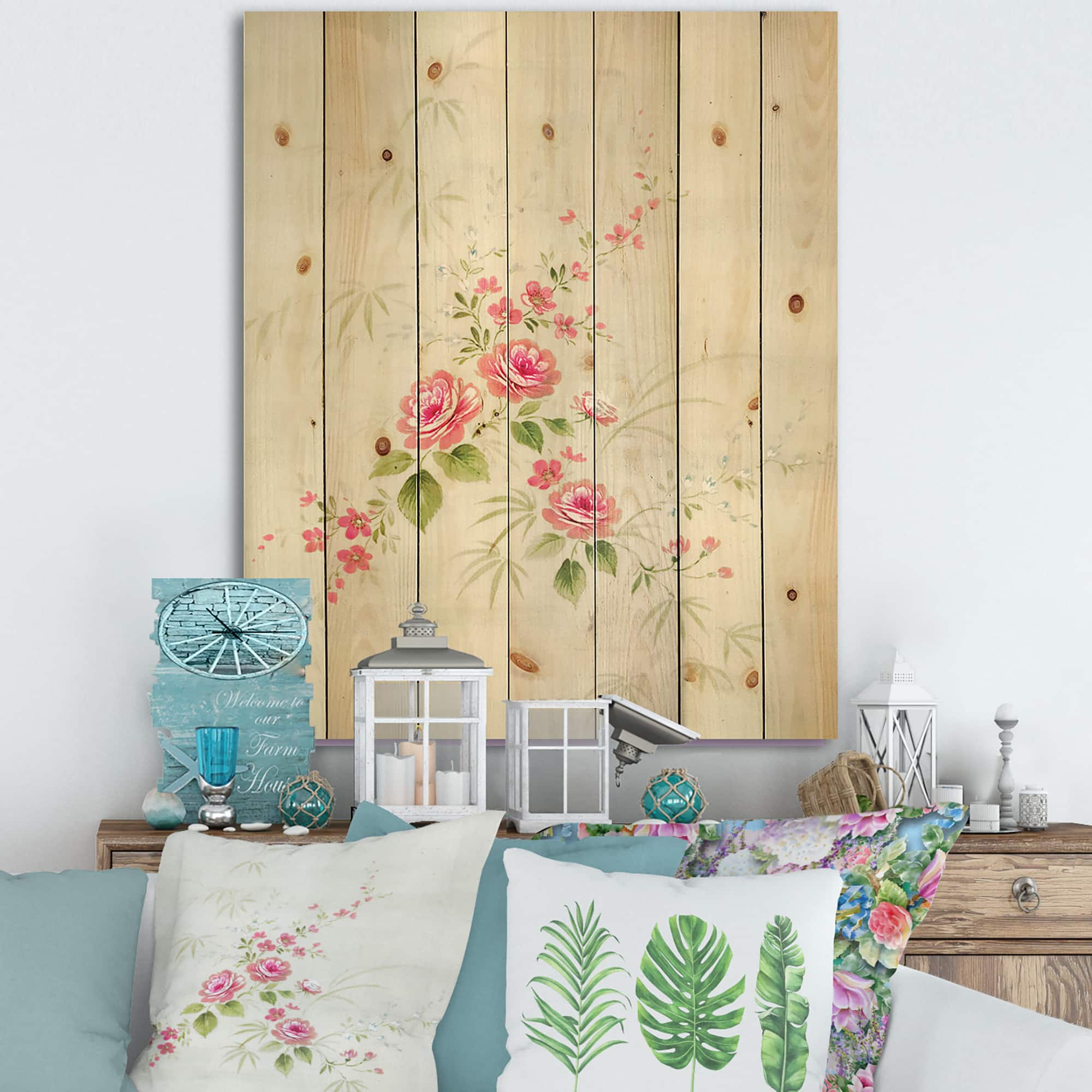 Designart - Retro Drawing of Flowers II - Vintage Print on Natural Pine Wood