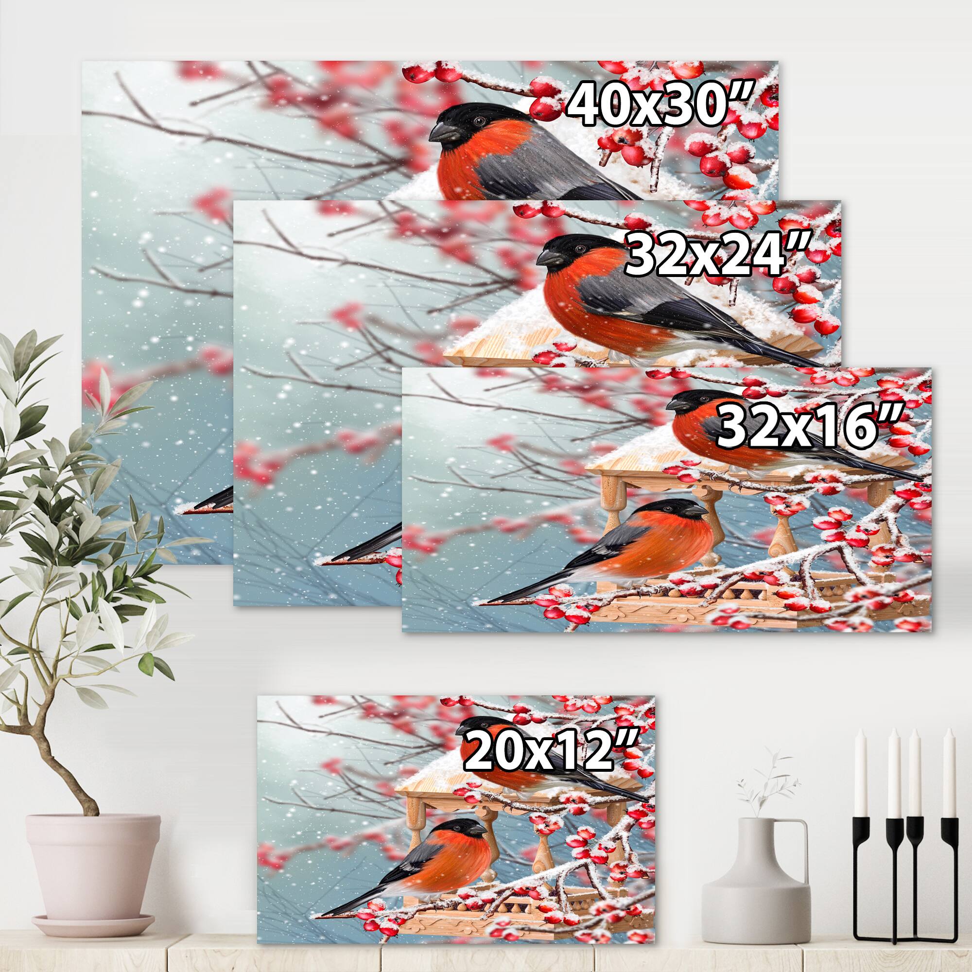 Designart - Two Chickadee Sit On A Snow-Covered Branch - Traditional Canvas Wall Art Print