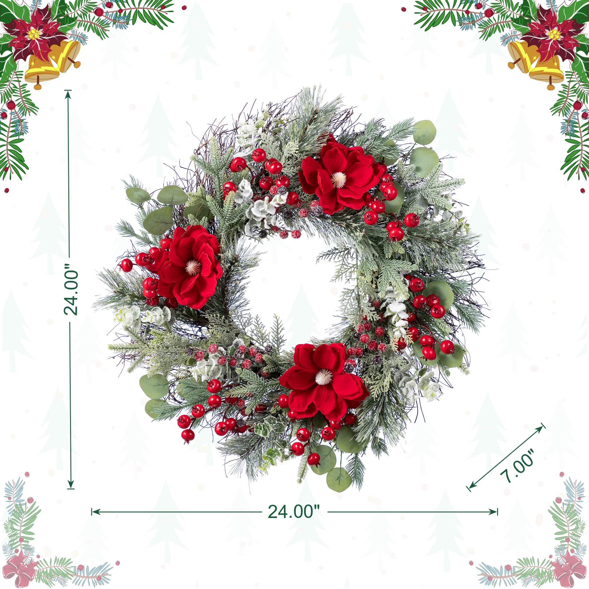 Glitzhome® 24"D Christmas Red Mangnolia & Berry Wreath