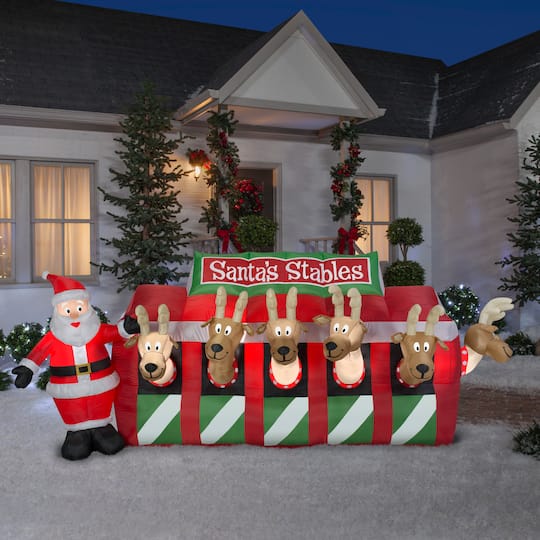4.4ft. Airblown® Inflatable Christmas Santa Reindeer Stable | Christmas ...
