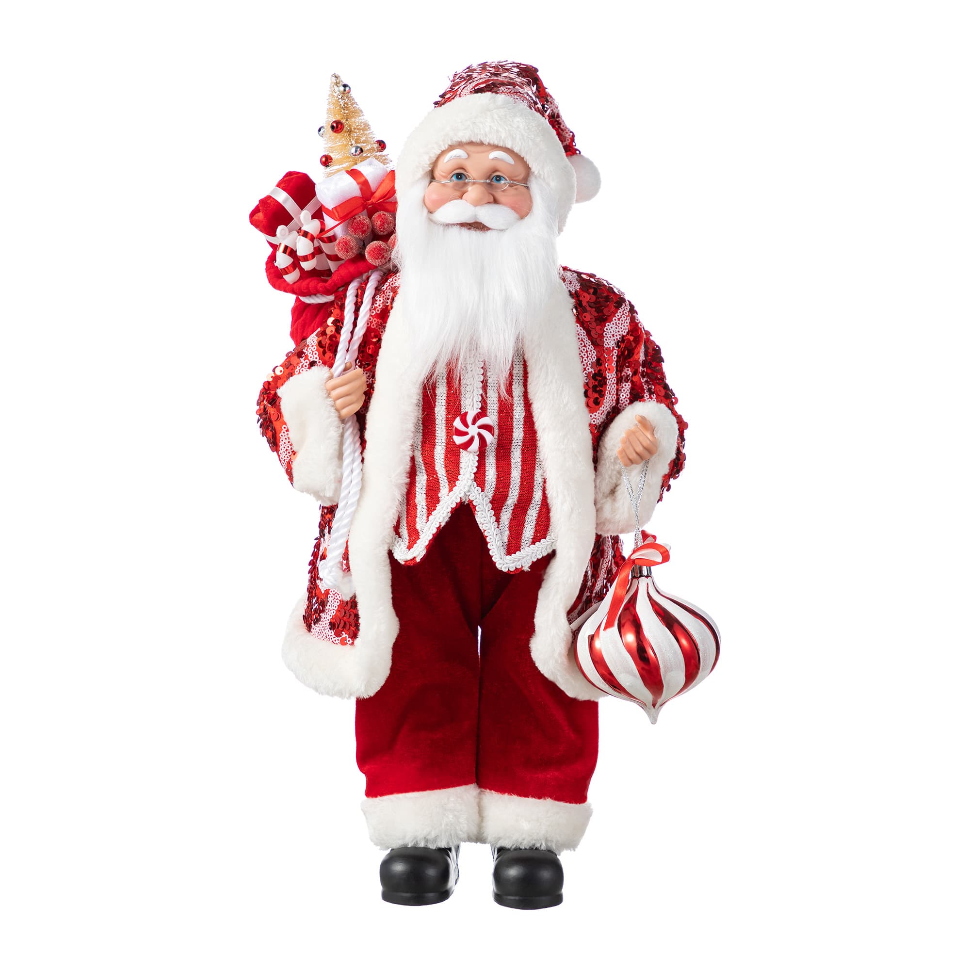 Glitzhome&#xAE; 18&#x22;H Faux Fur Christmas Peppermint Santa Figurine
