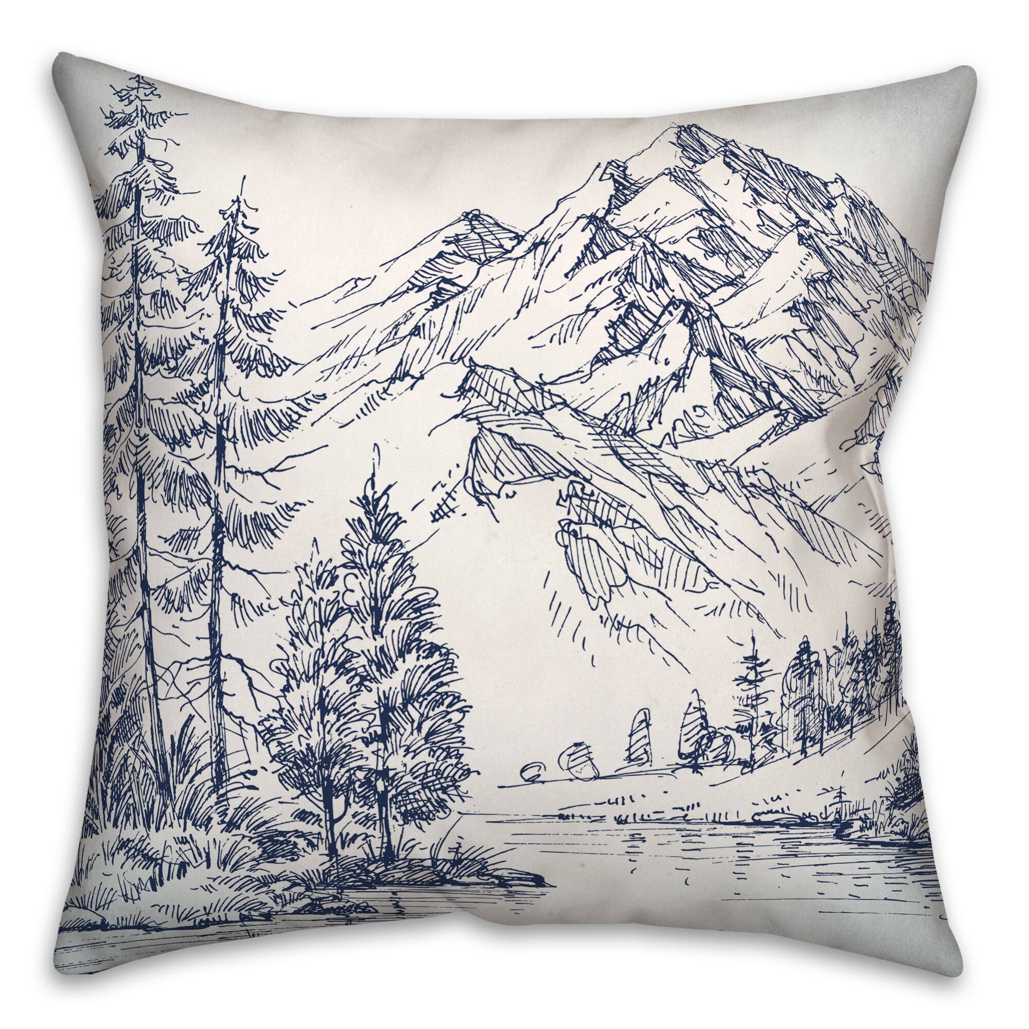 Mountain Forest Drawing 18x18 Throw Pillow