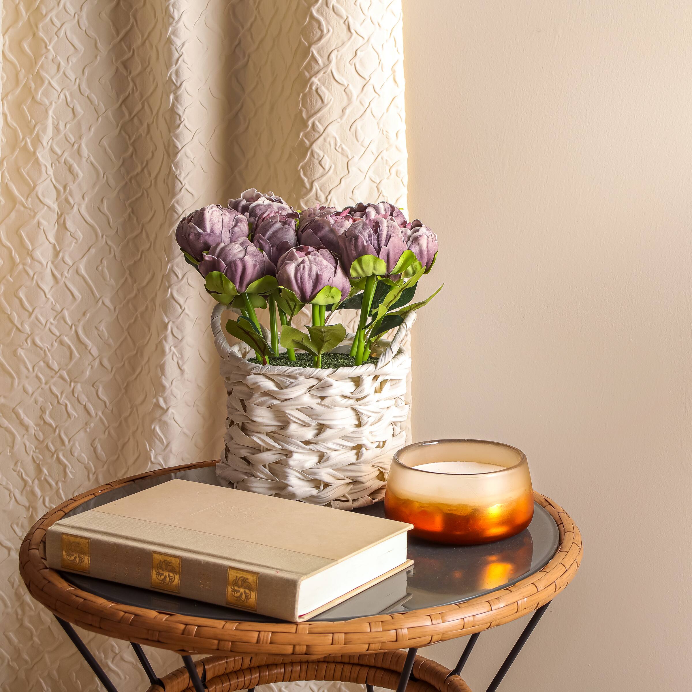 10" Peony Flower Bouquet In White Basket