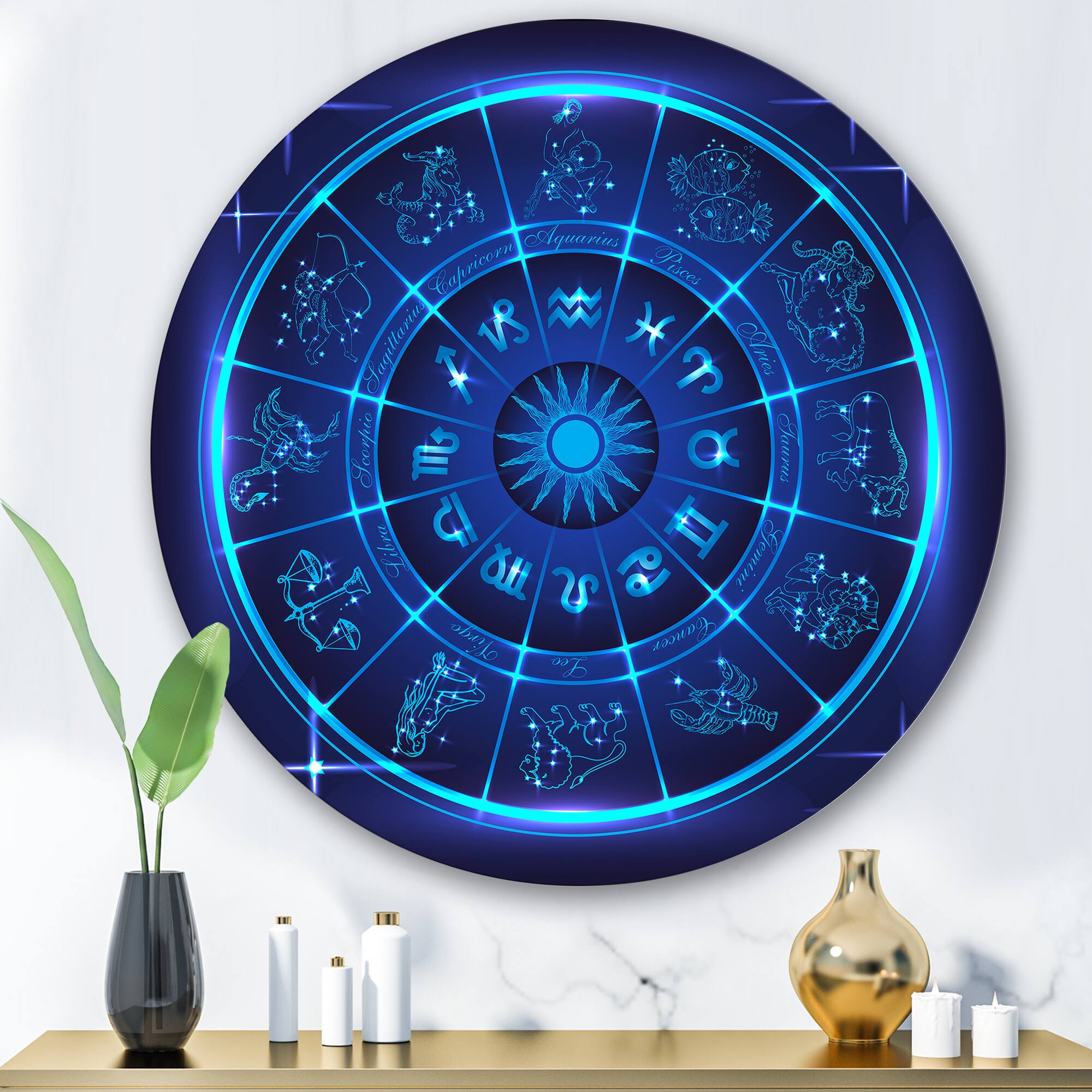 Designart - Neon Deep Blue Horoscope Circle With Zodiac Signs - Modern Metal Circle Wall Art