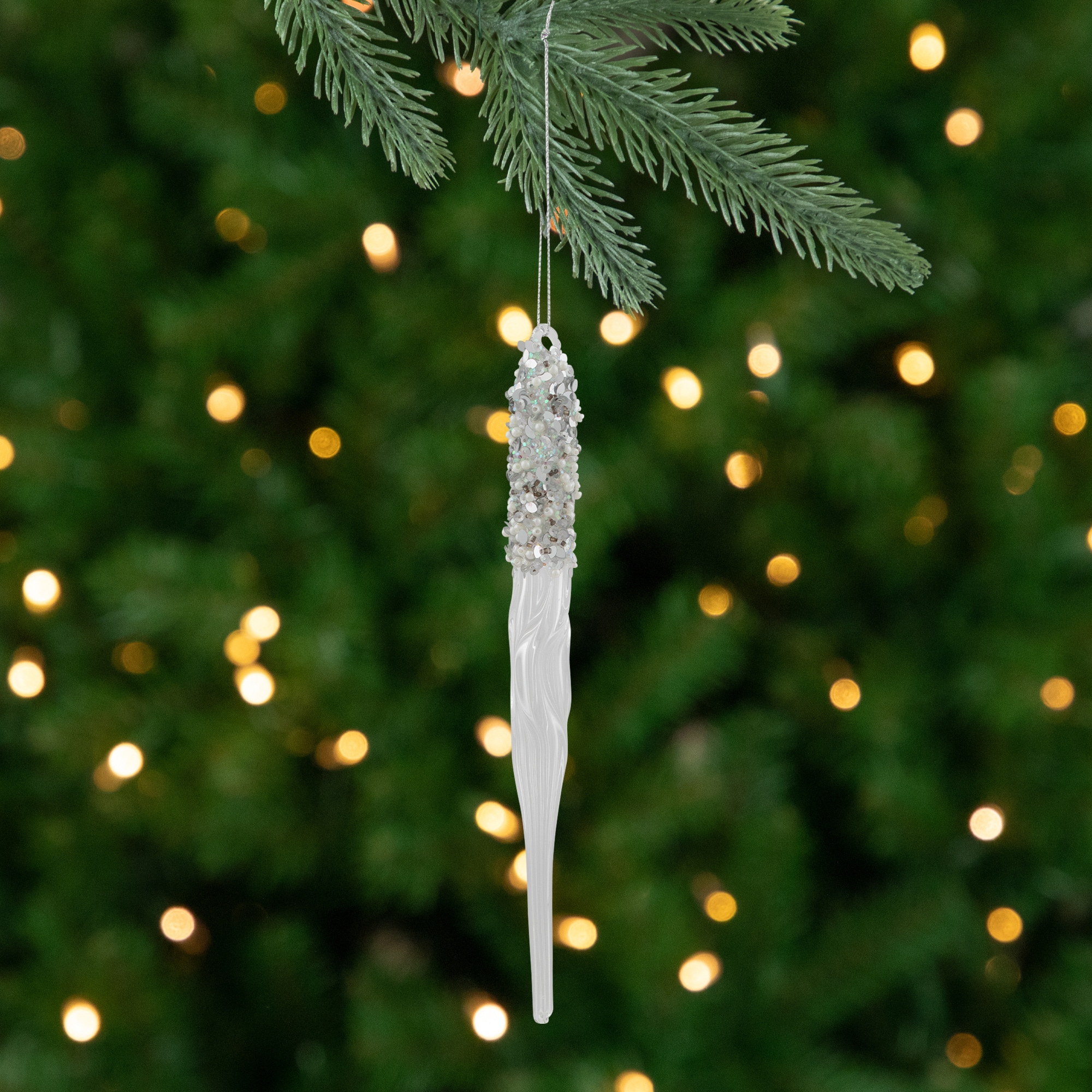 Sequined and Beaded Icicle Glass Christmas Ornament - 9" - Clear