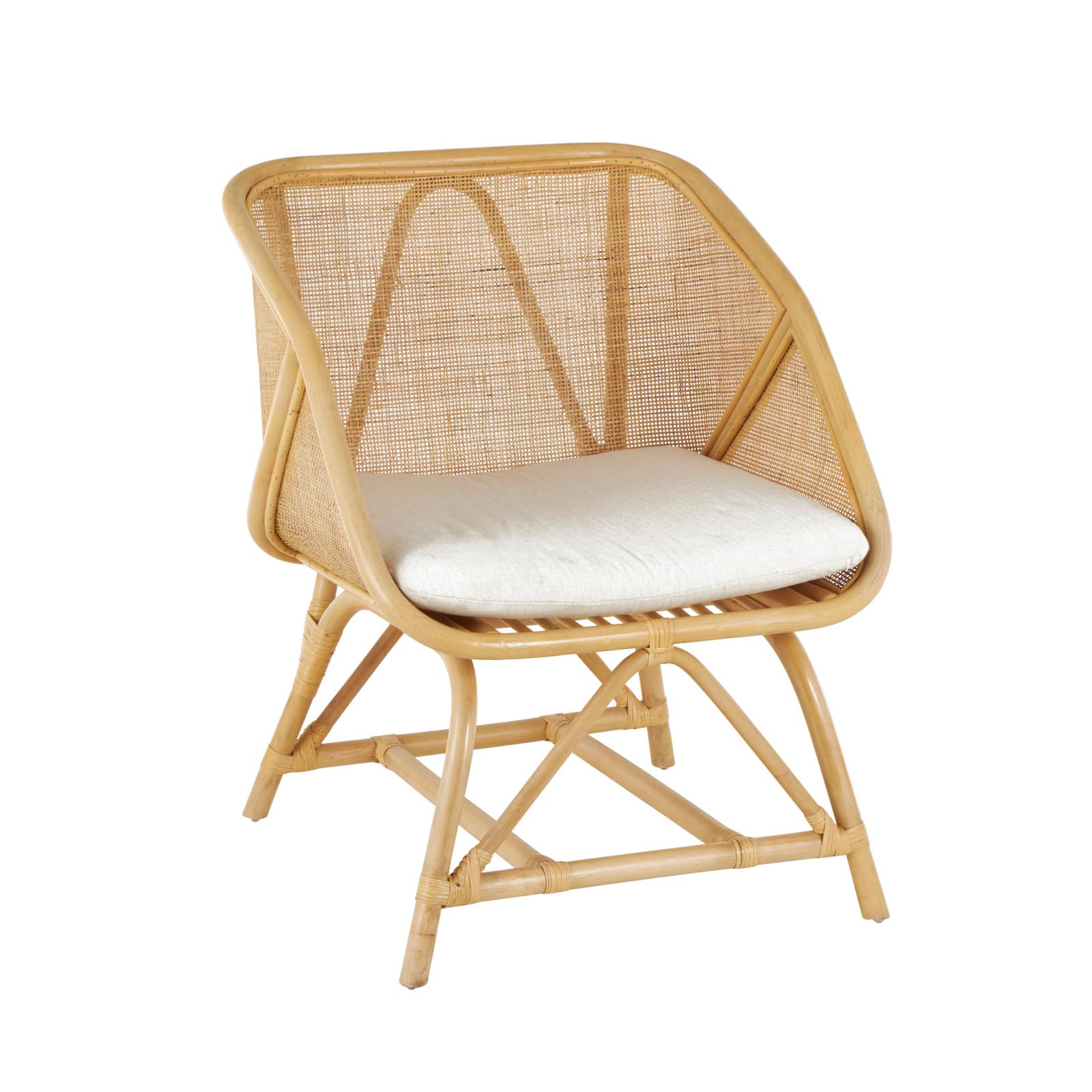 32" x 26" x 24" Light Brown Rattan Woven Squared Accent Chair with White Fabric Cushion