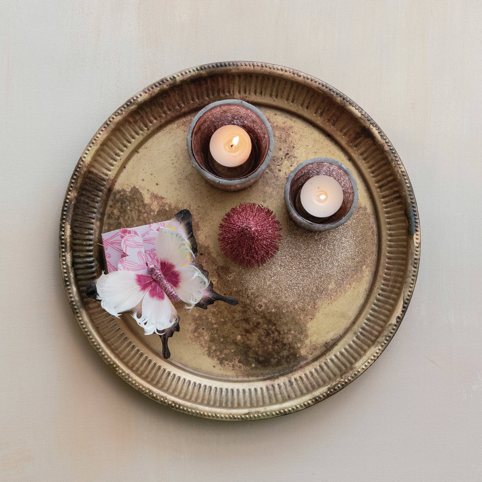 Hello Honey® 14.5" Burnt Brass Round Decorative Debossed Metal Tray