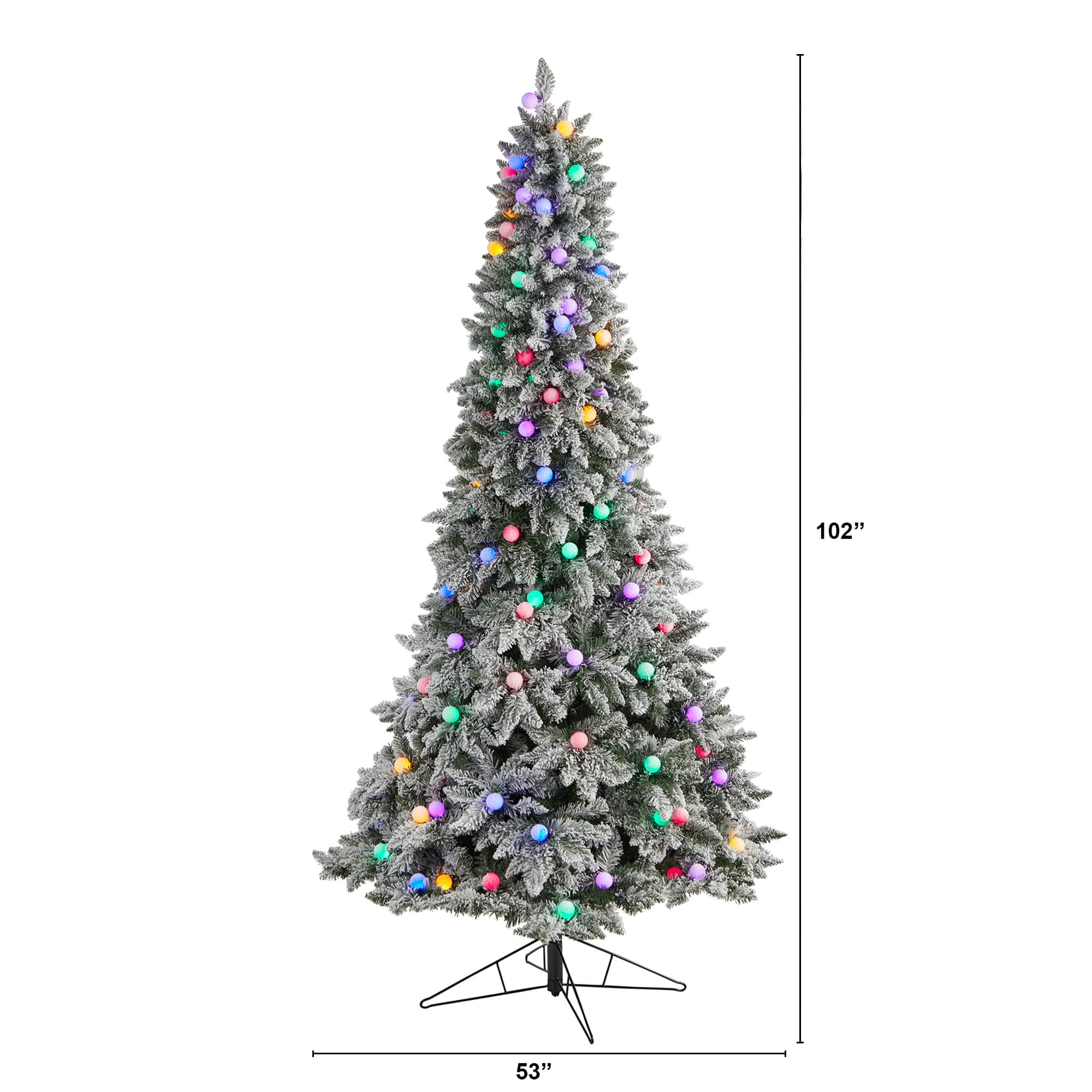 8.5ft. Pre-Lit Flocked British Columbia Mountain Fir Artificial Christmas Tree, Multicolor Globe Bulbs