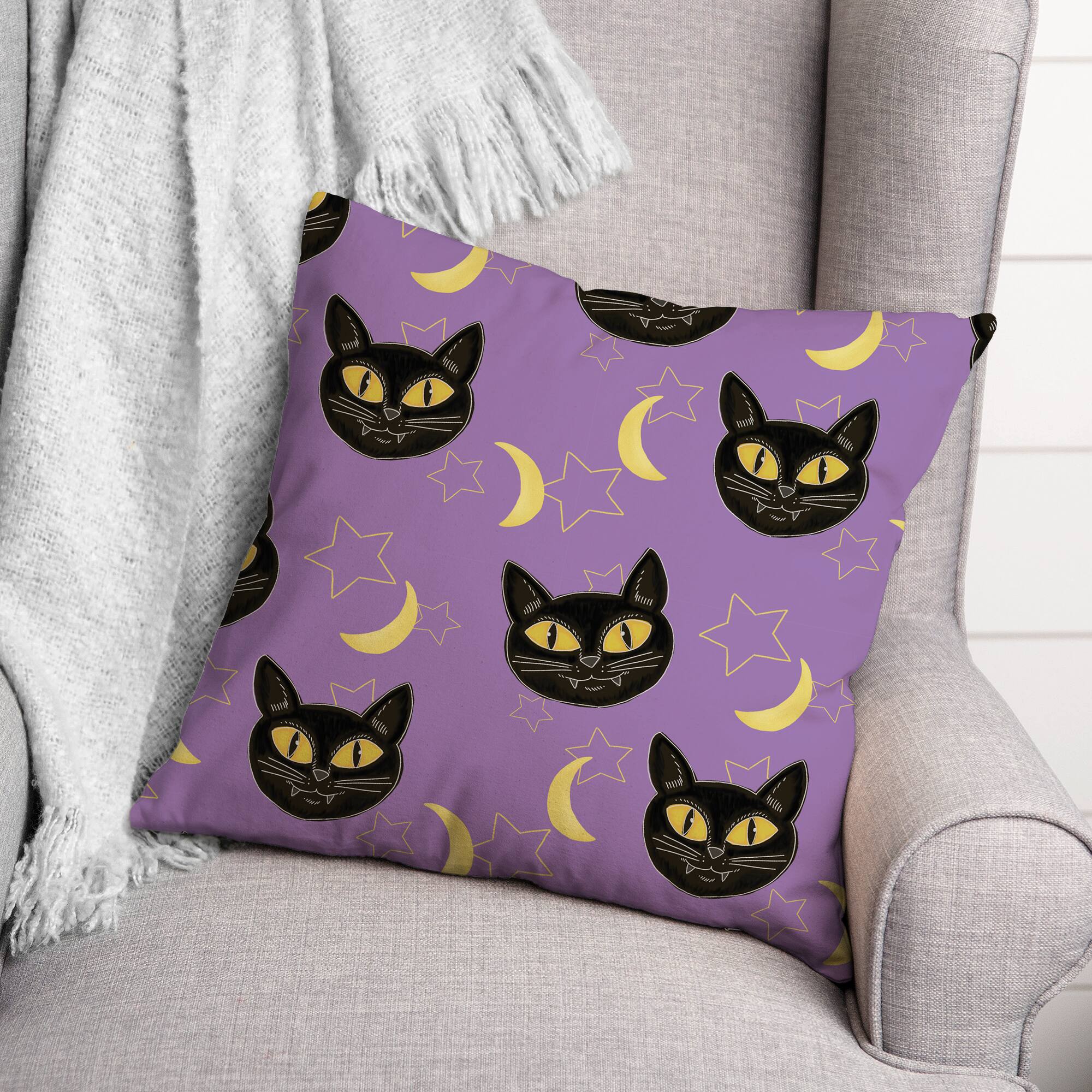 Cat, Moon &#x26; Stars Halloween Throw Pillow