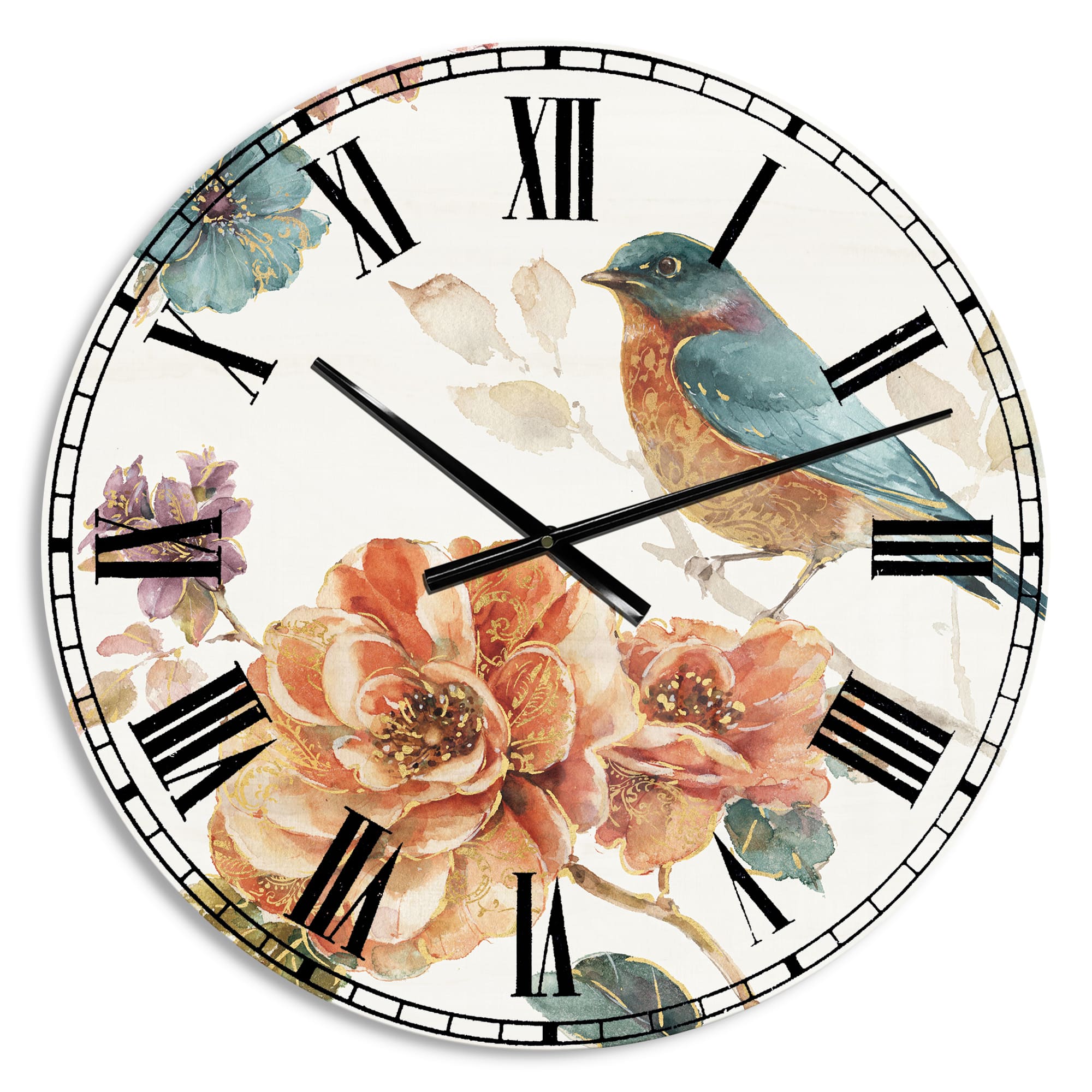 Designart &#x27;Cottage Bird On Orange Flower Twig Farmhouse Wall Clock