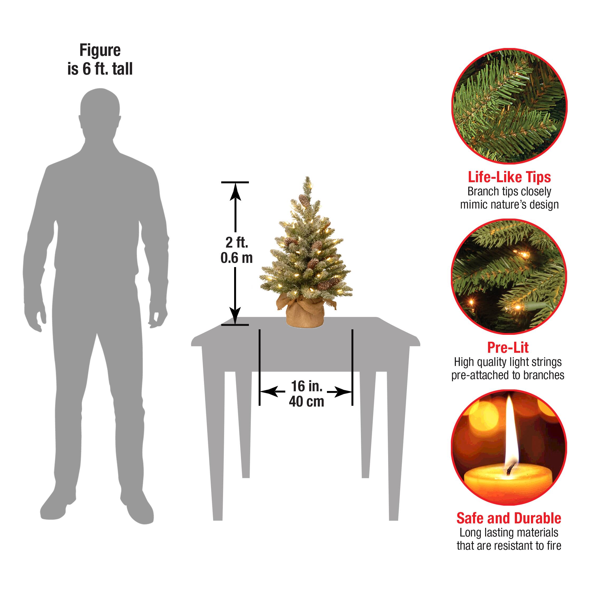 2ft. Snowy Concolor Fir Small Artificial Christmas Tree In Burlap With Snowy Cones, Warm White LED Lights