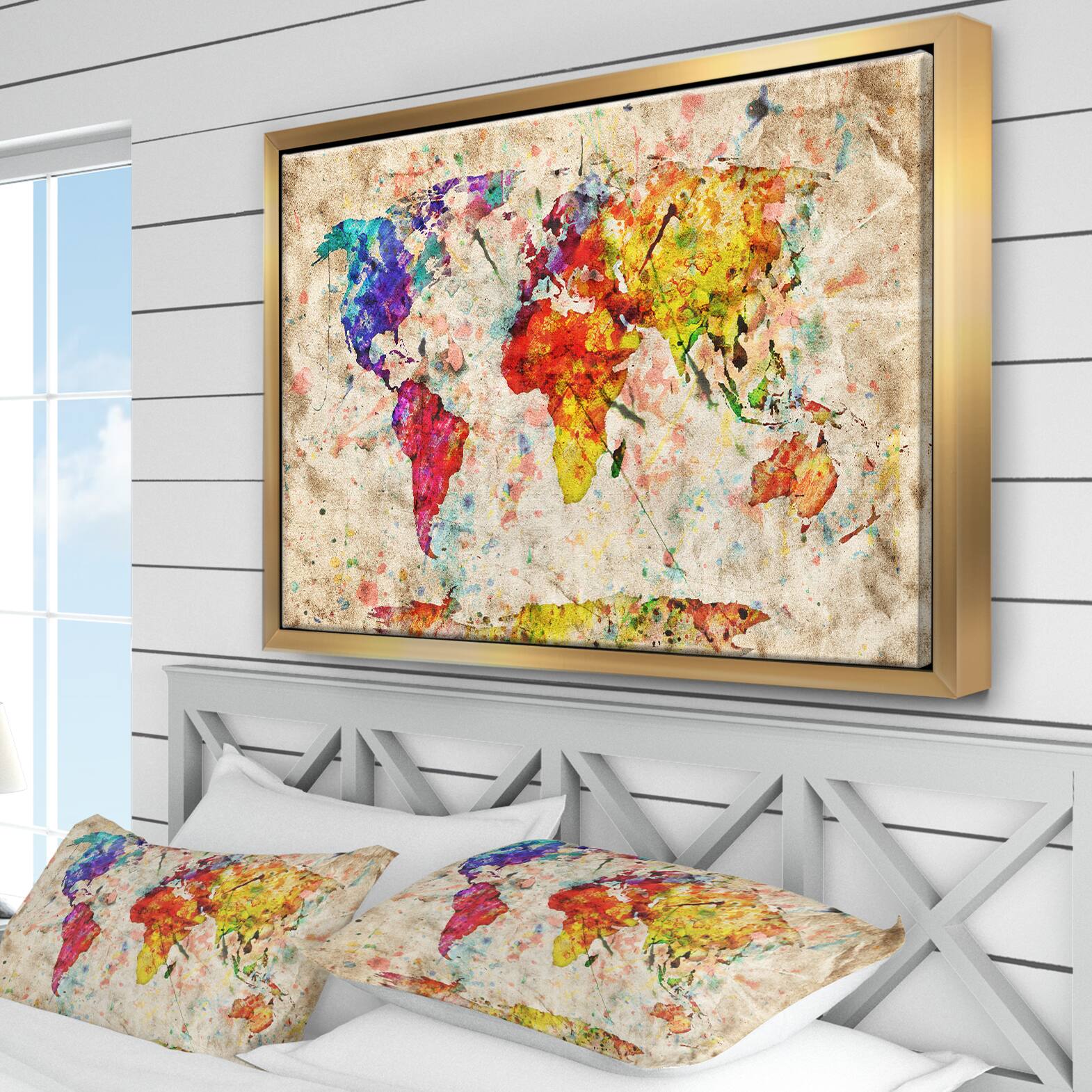 Designart - Vintage World Map Watercolor - Map Framed Canvas Art Print