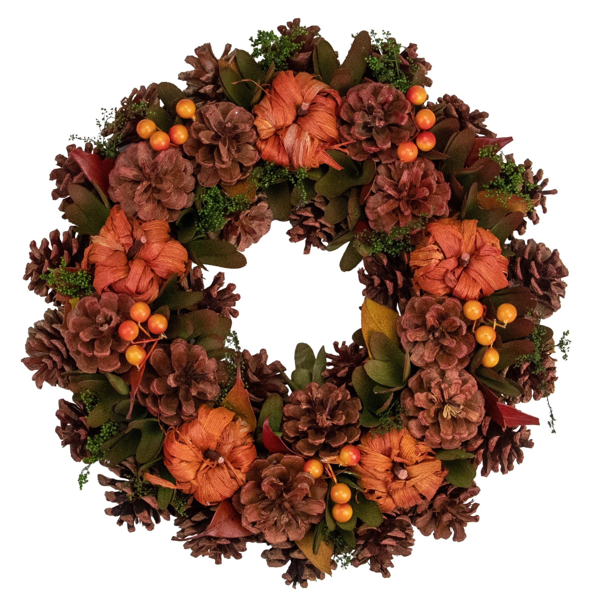 13.75" Brown & Orange Fall Wreath With Pumpkins & Pinecones