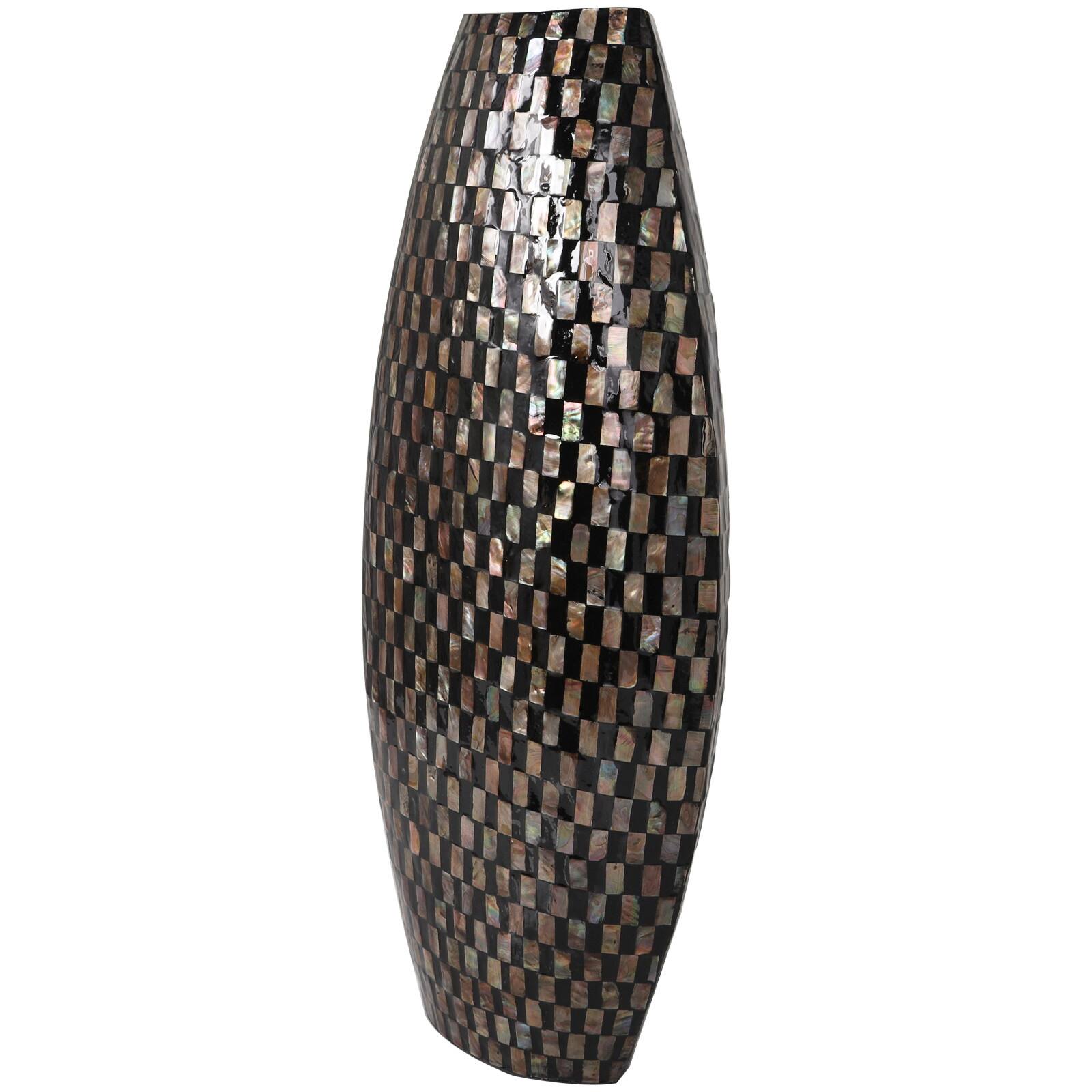 24" Black Mother of Pearl Handmade Geometric Mosaic Inspired Thin Vase
