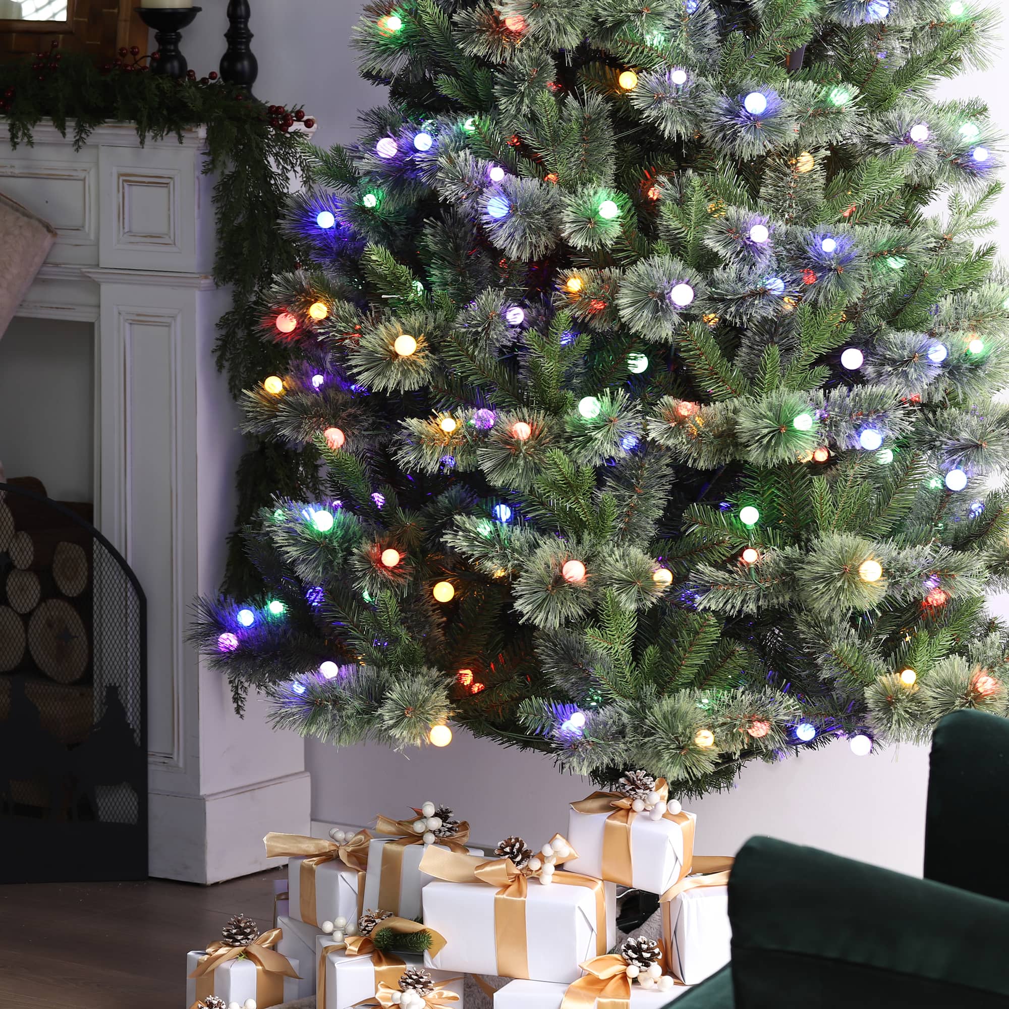 Glitzhome&#xAE; 9ft Pre-Lit Green Cashmere Slim Pine Artificial Christmas Tree, Multicolor LED Lights
