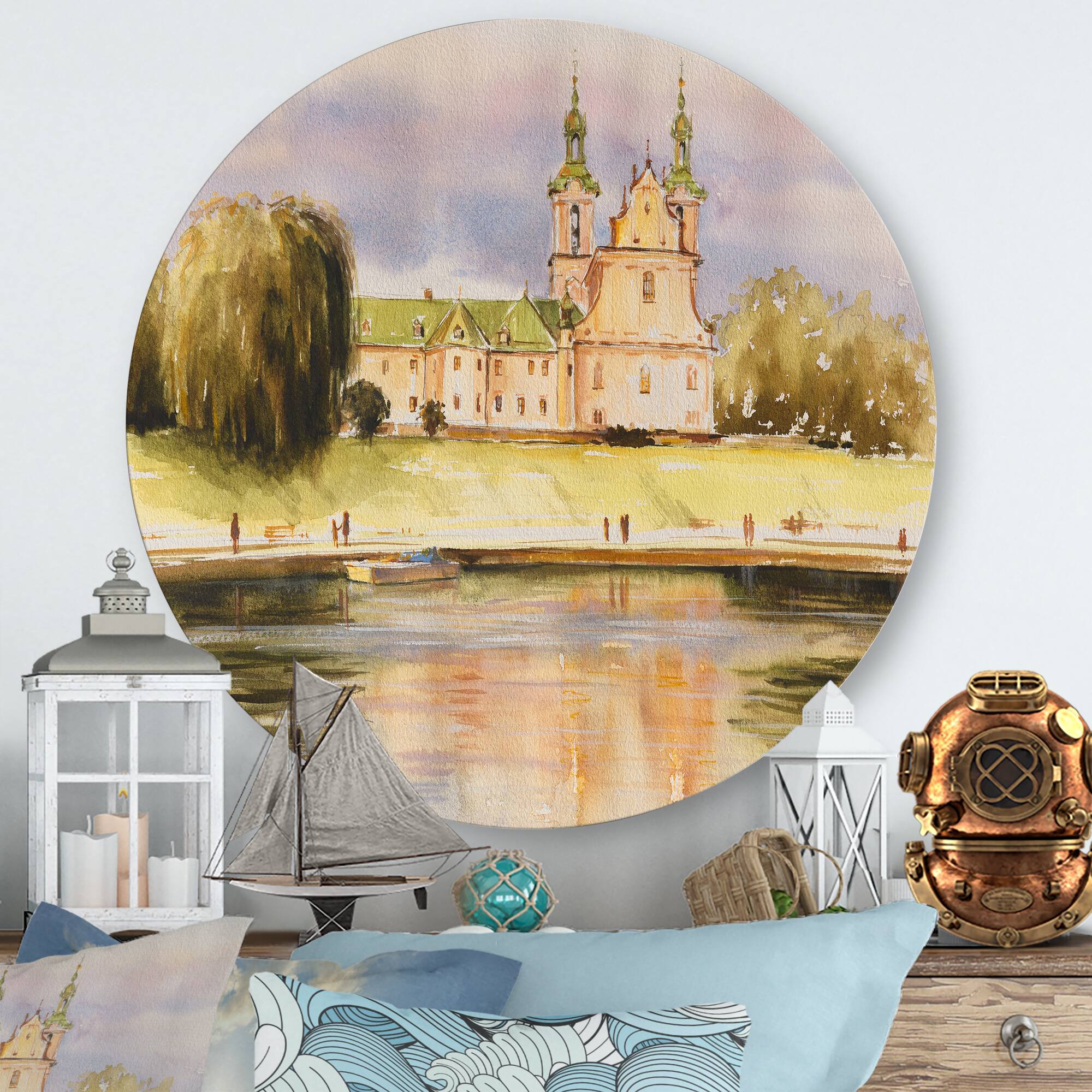 Designart - Historic Church On The Rock On Banks of The River - Lake House Metal Circle Wall Art