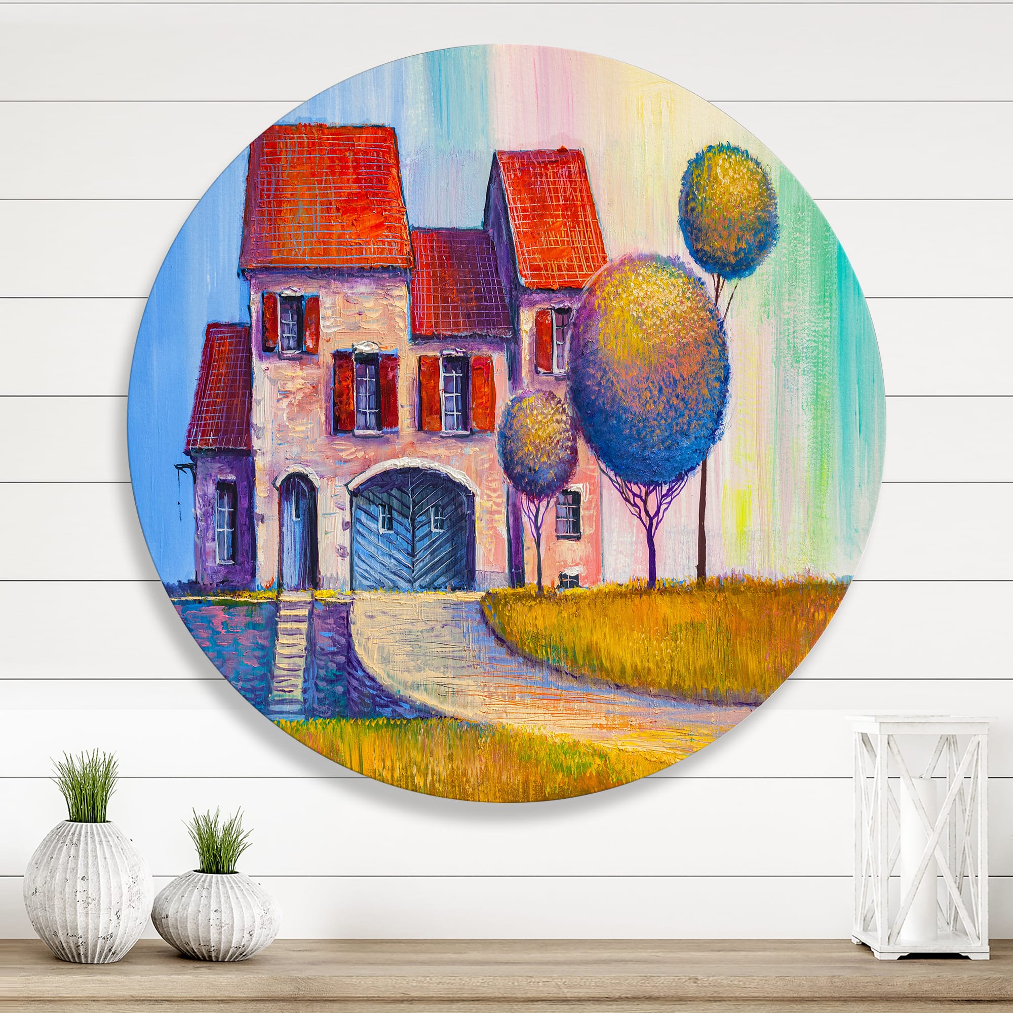 Designart - House With Red Roof In The Village - Modern Metal Circle Wall Art