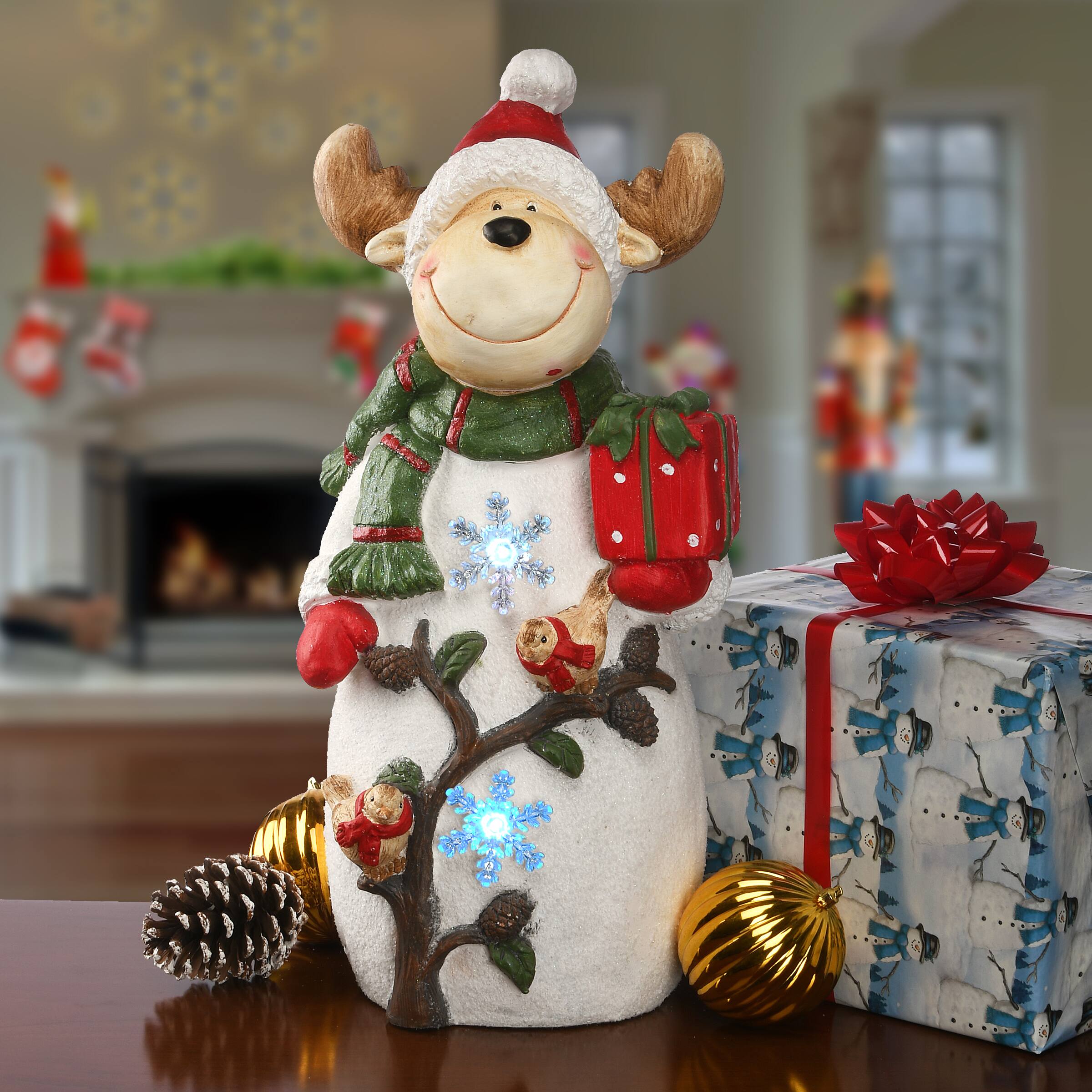 22" Reindeer Holding Gift With Multicolor Lights Figurine