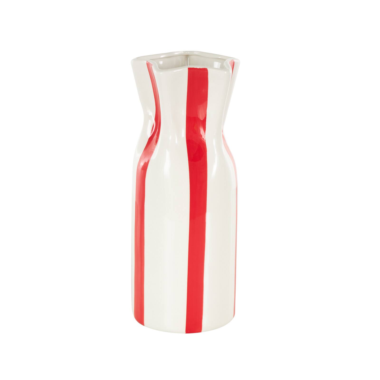 12" White & Red Stripes Round Decorative Ceramic Vase