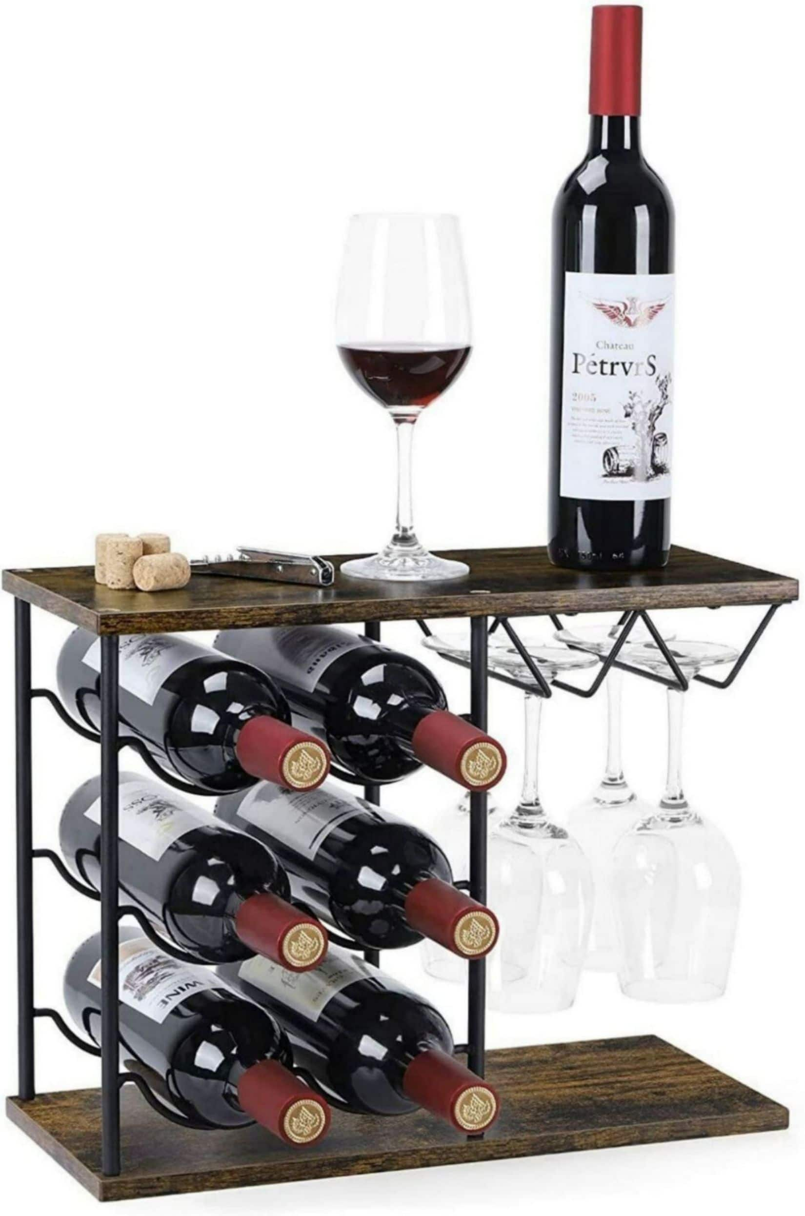 NEX&#x2122; 16.5&#x22; Dark Brown Countertop Wine Bottle &#x26; Glass Rack