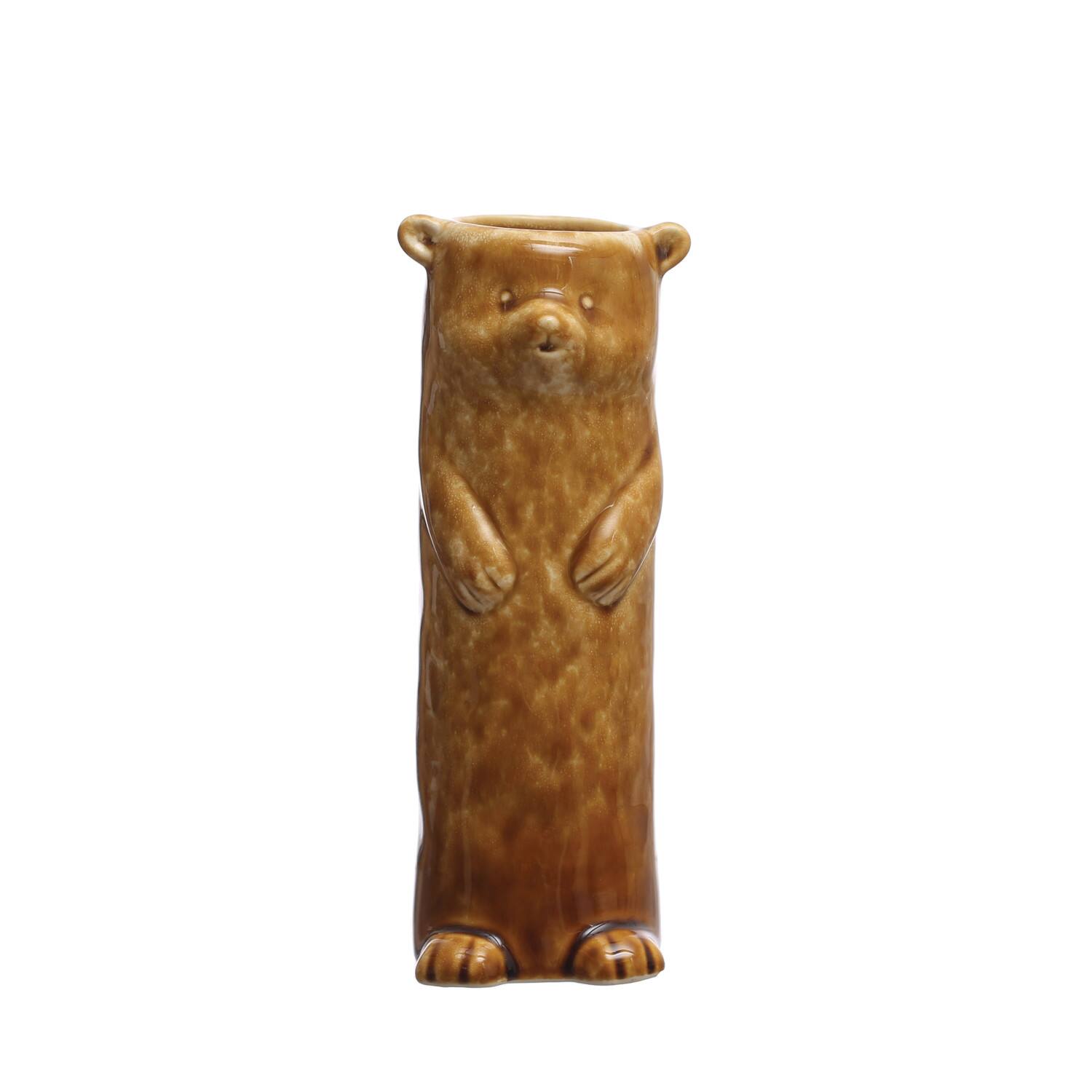 Hello Honey® 7" Brown Reactive Crackle Glaze Stoneware Bear Vase