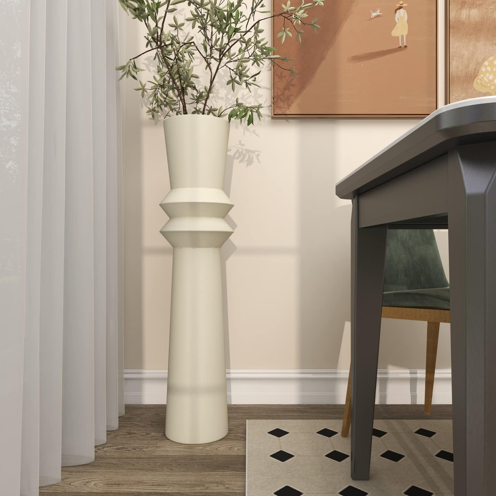 3ft. Cream Metal Tall Art Deco Fluted Floor Vase