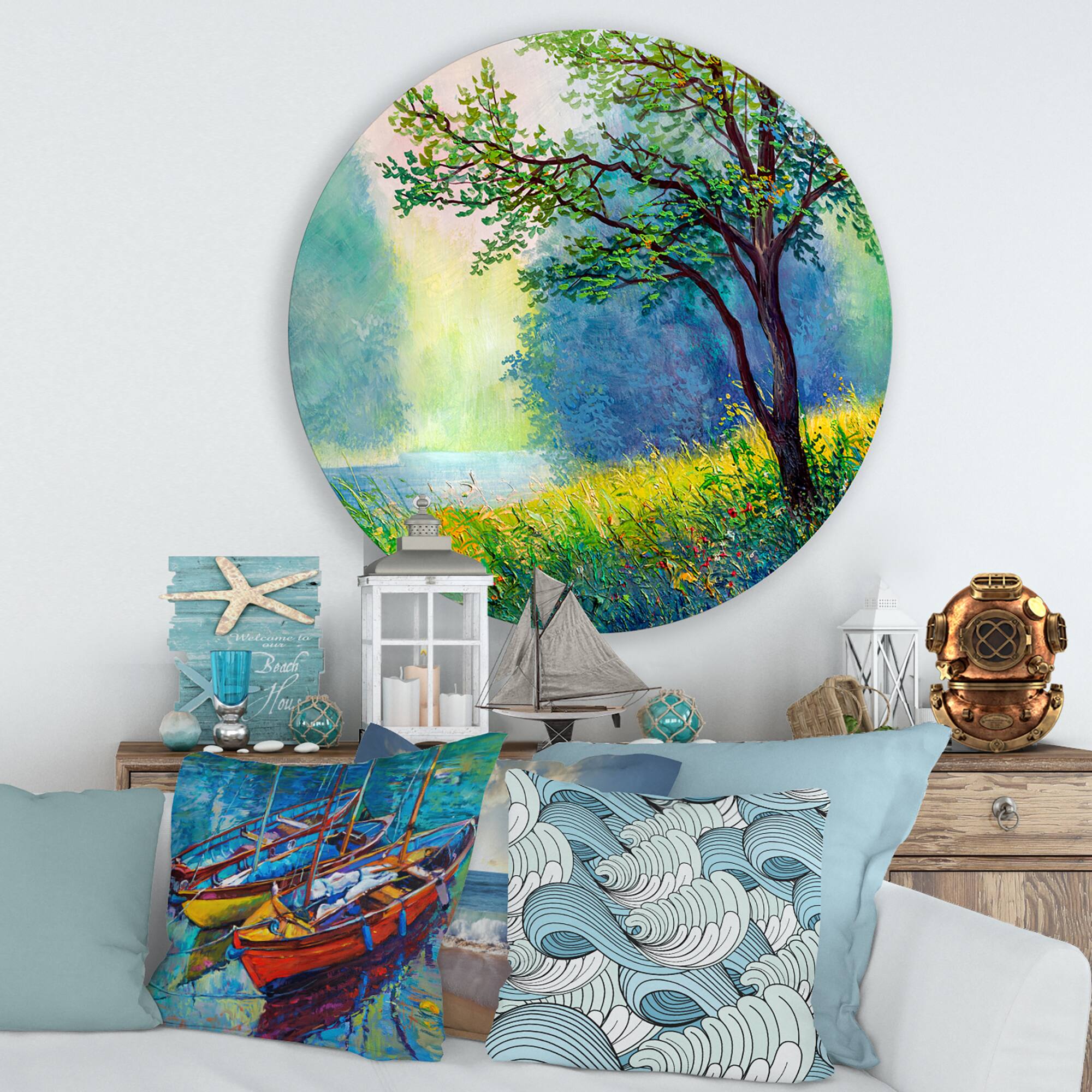 Designart - Summer Forest With River and Waterfall - Traditional Metal Circle Wall Art