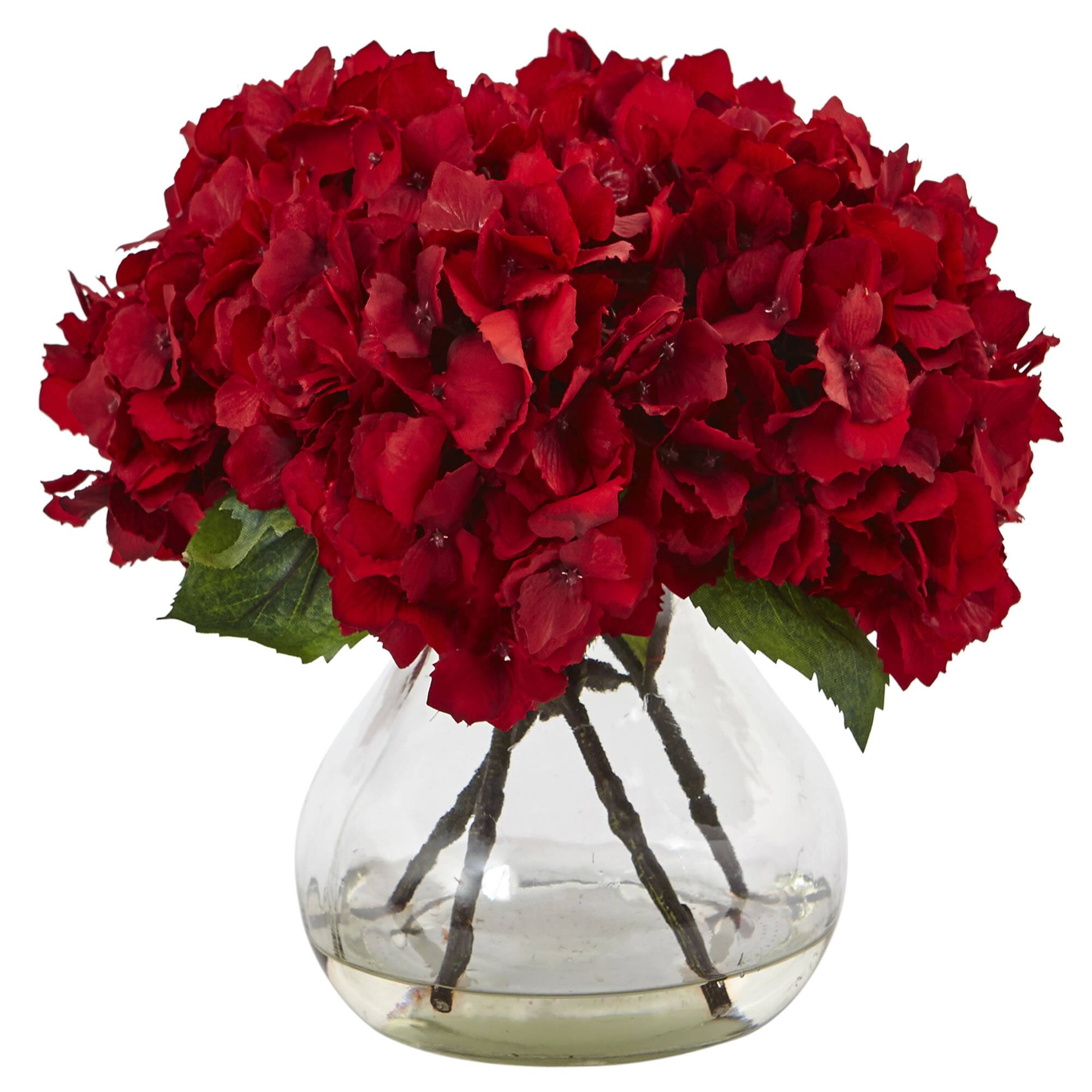 8.5" Red Hydrangea Arrangement in Glass Vase