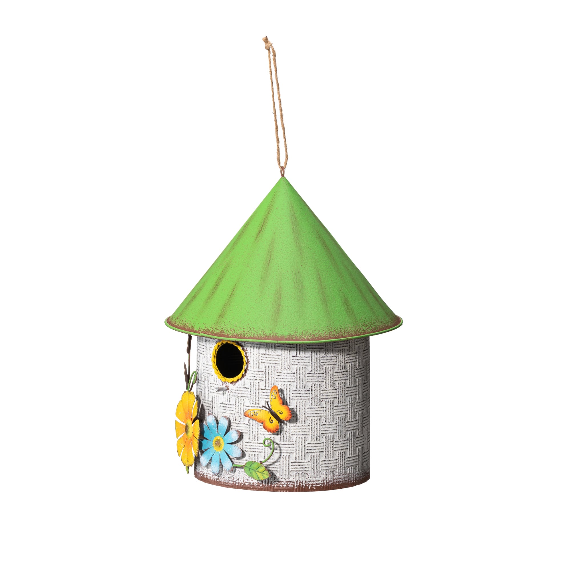 Glitzhome® 11" Distressed Metal Birdhouse with 3D Flowers & Butterfly