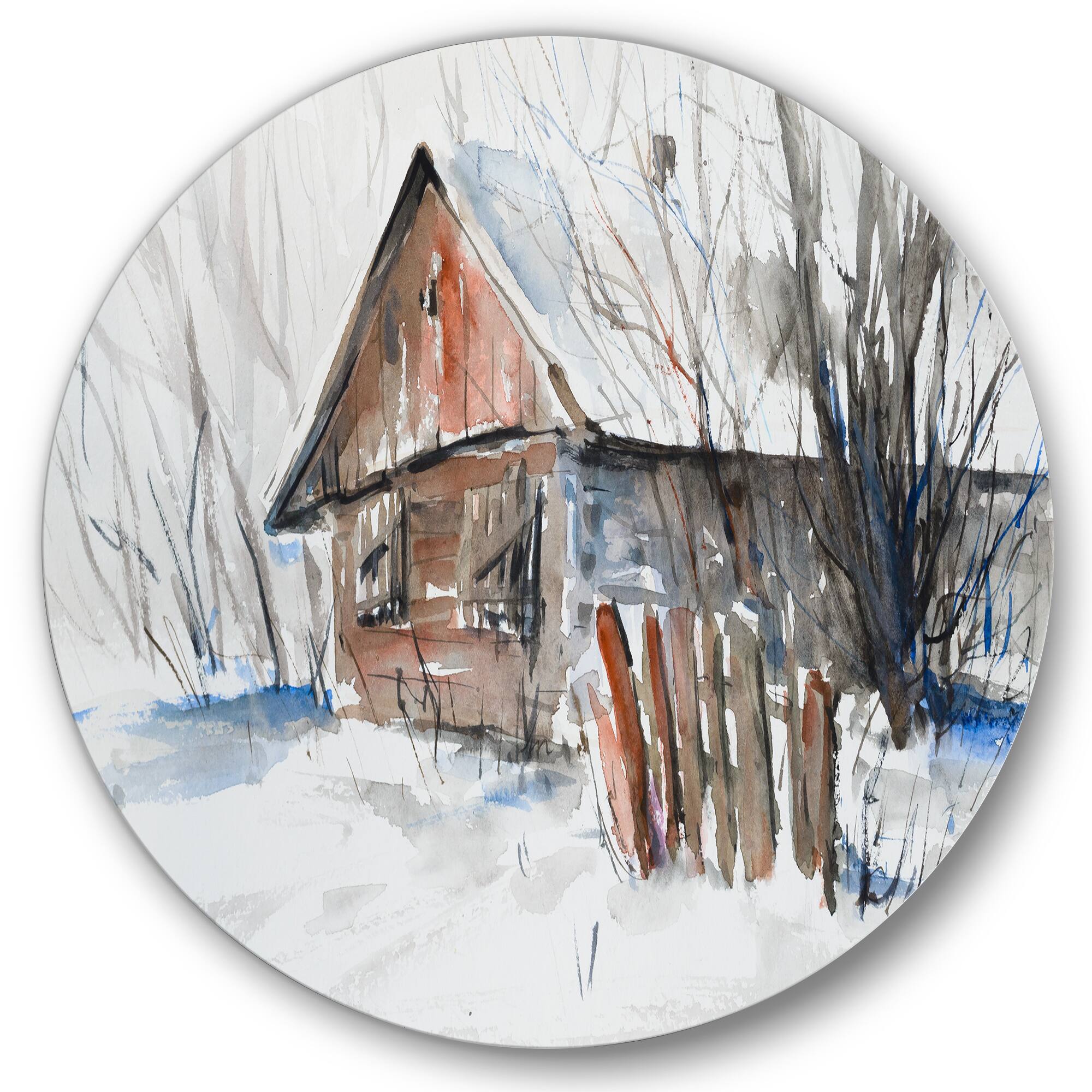 Designart - Old Abandoned Wooden House In Winter Picture - Traditional Metal Circle Wall Art