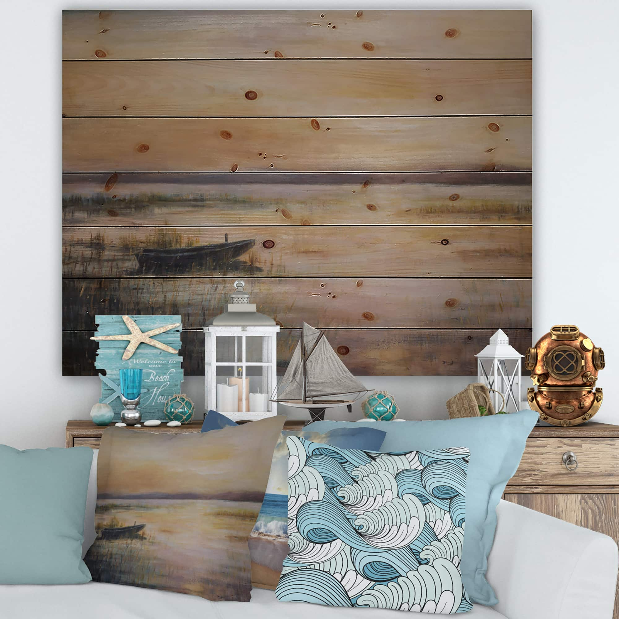 Designart - Pastel Sunset Over The Lake - Nautical &#x26; Coastal Print on Natural Pine Wood