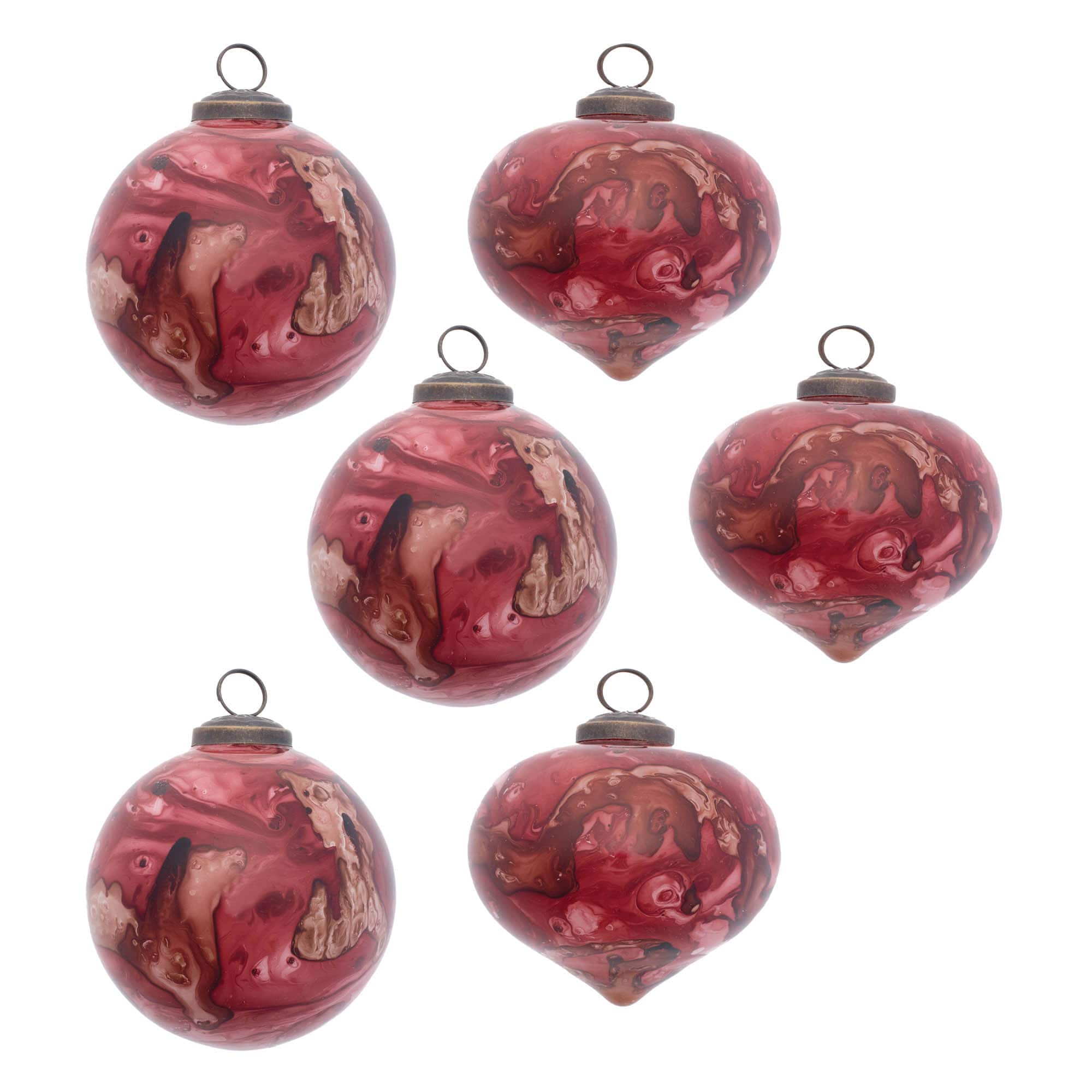 Red Marble Painted Glass Ball & Onion Christmas Ornaments Set with Brass Caps