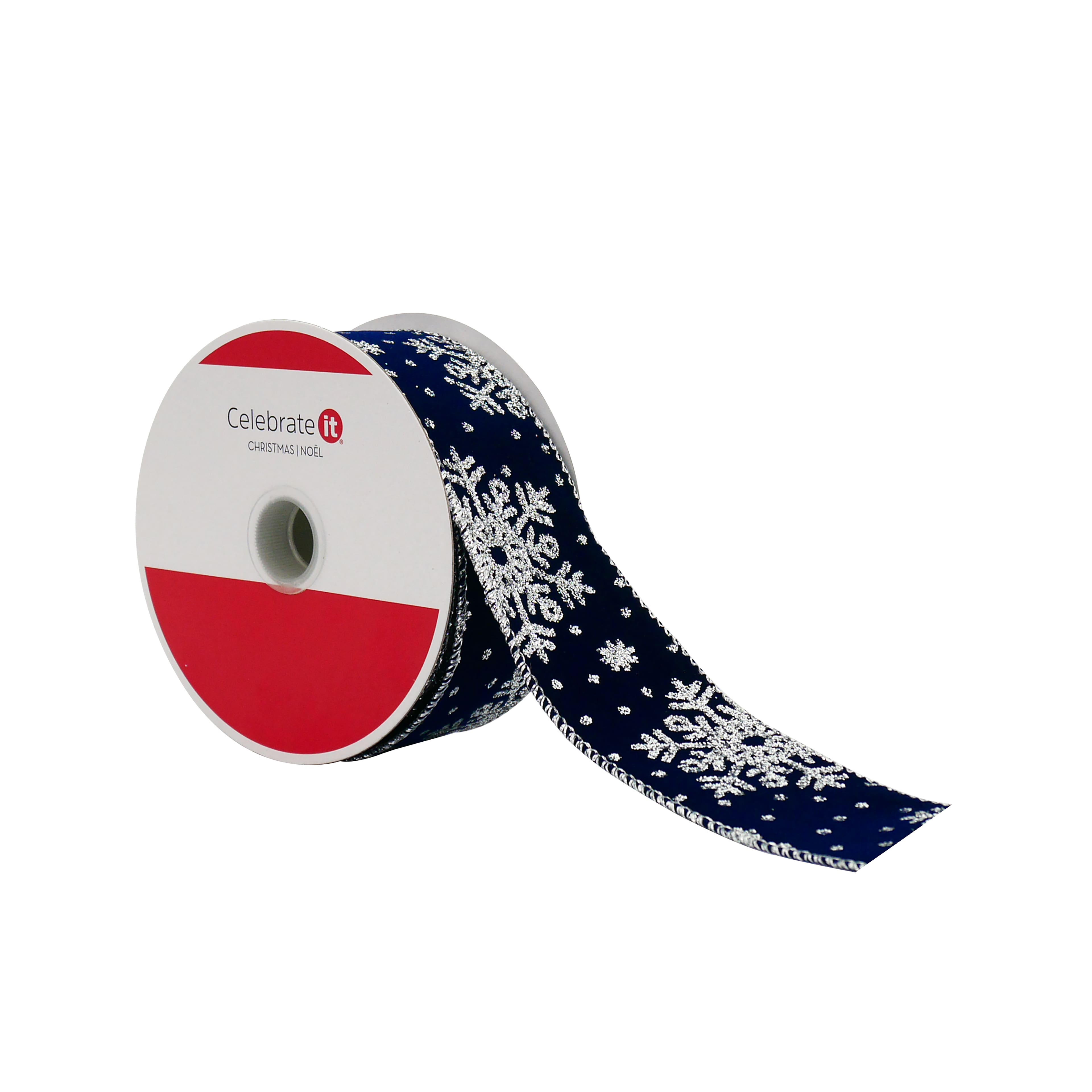 1.5&#x22; x 25ft. Navy &#x26; Silver Snowflake Wired Velvet Ribbon by Celebrate It&#xAE;